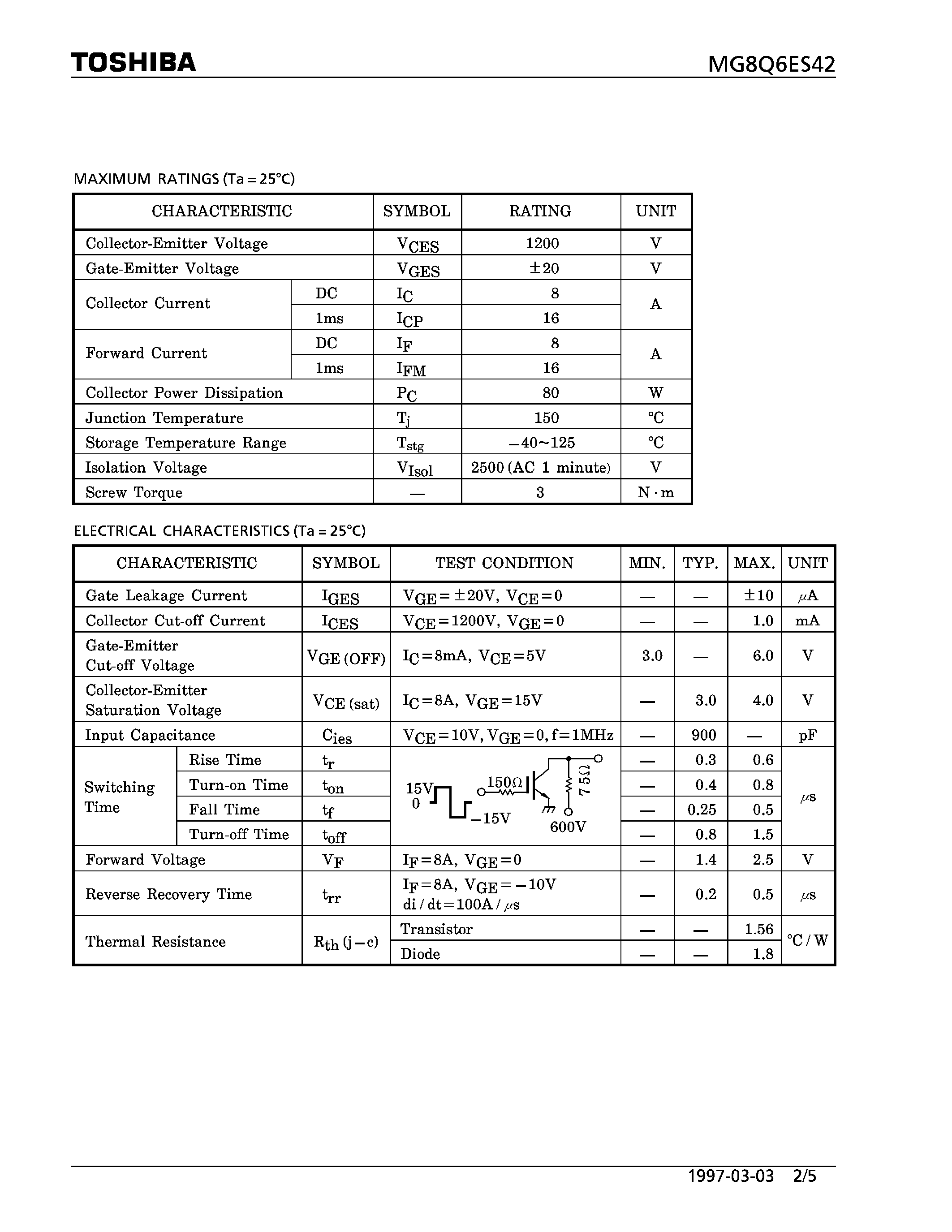 Datasheet MG8Q6ES42 - N CHANNEL IGBT (HIGH POWER SWITCHING / MOTOR CONTROL APPLICATIONS) page 2