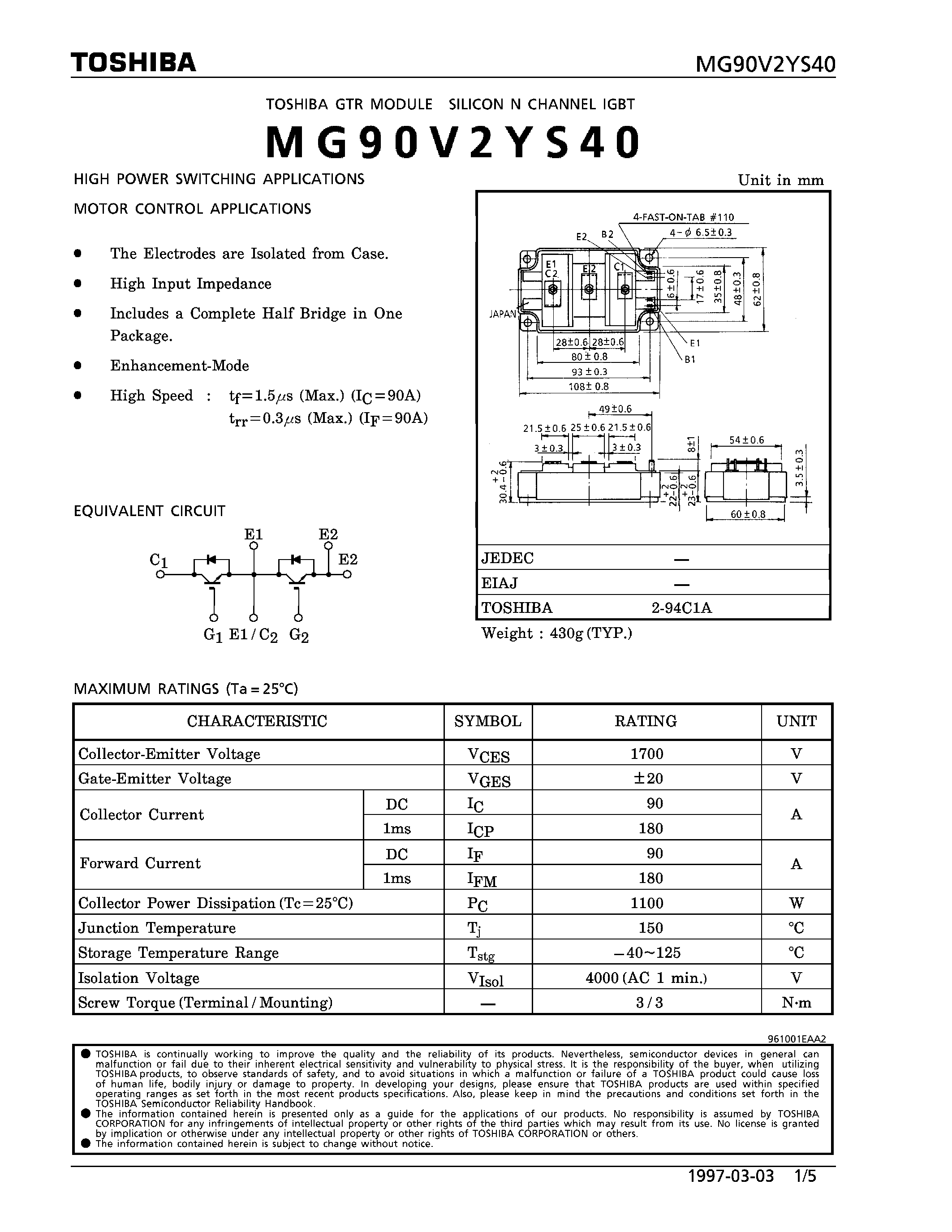 Datasheet MG90V2YS40 - N CHANNEL IGBT (HIGH POWER SWITCHING / MOTOR CONTROL APPLICATIONS) page 1