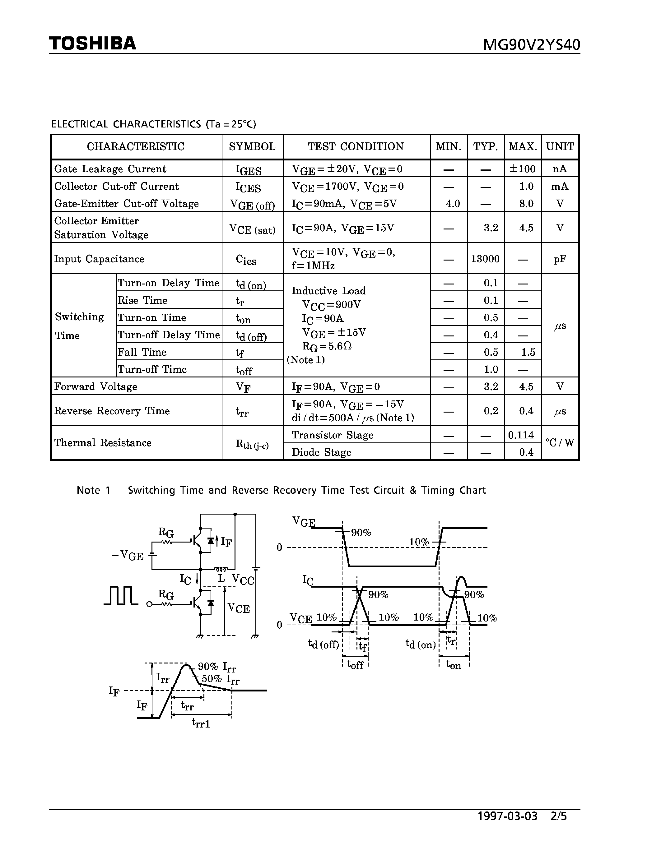 Datasheet MG90V2YS40 - N CHANNEL IGBT (HIGH POWER SWITCHING / MOTOR CONTROL APPLICATIONS) page 2