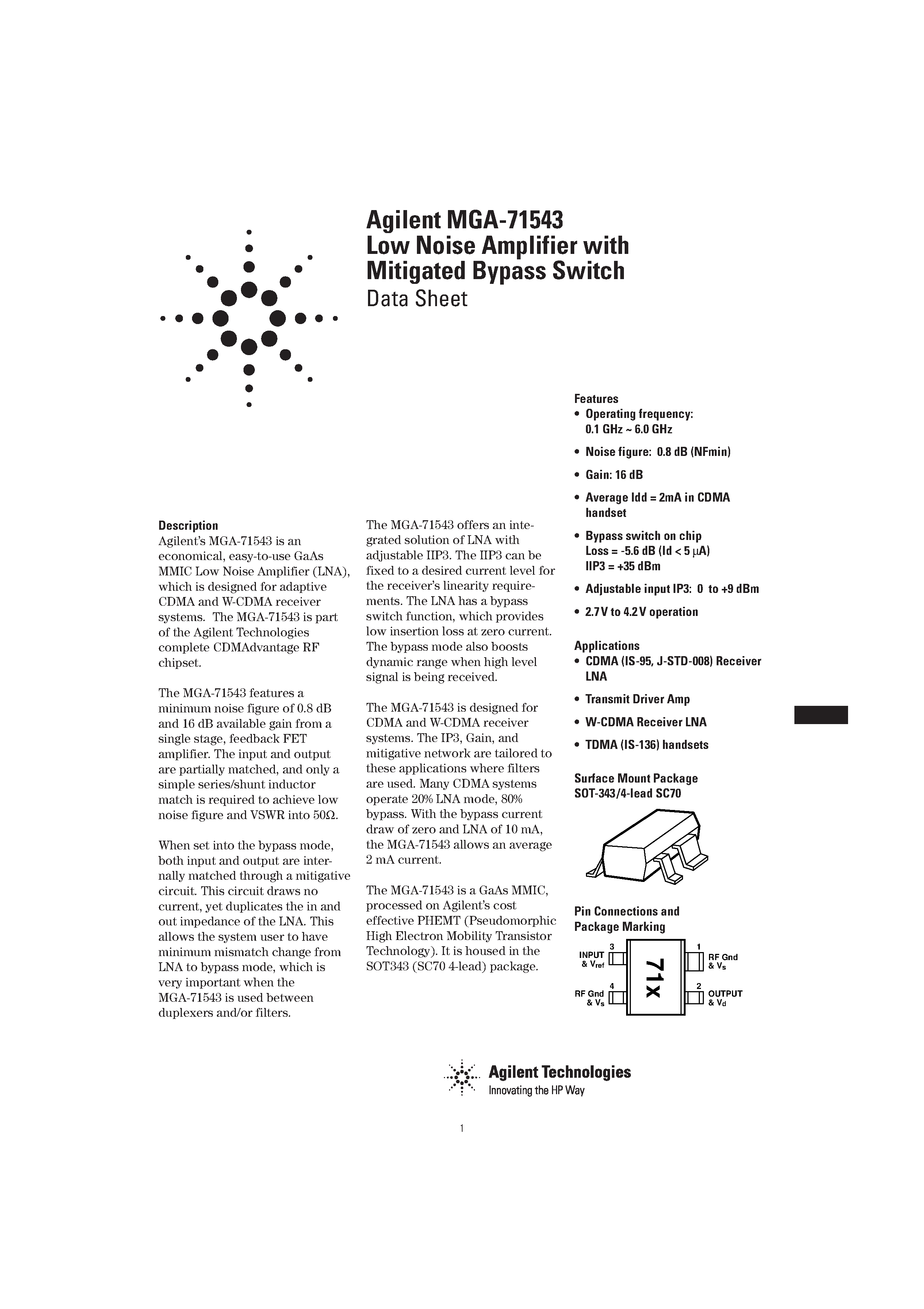 Datasheet MGA-71543-BLK page 1 Datasheet MGA-71543-BLK - Low Noise Amplifier with Mitigated Bypass Switch page 1