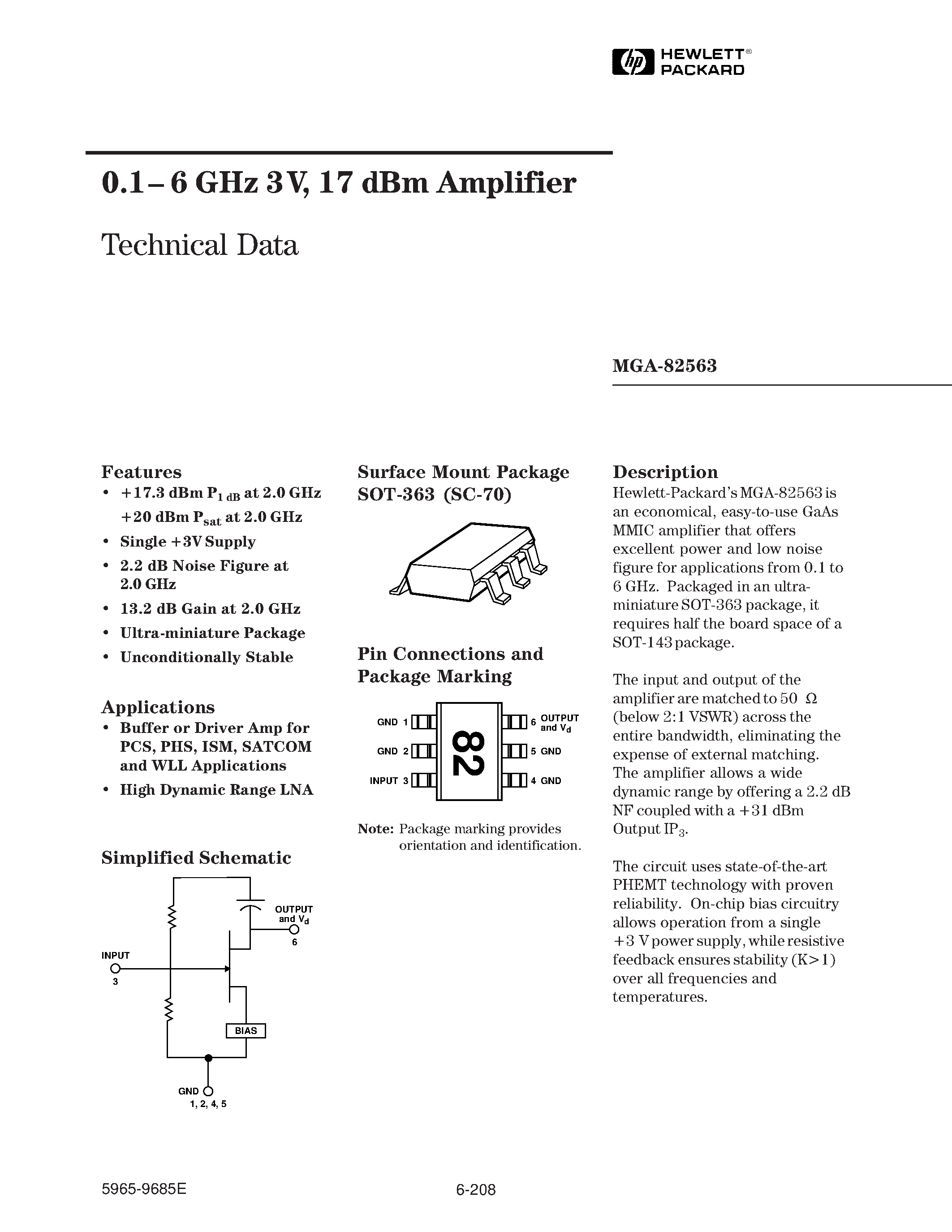 Datasheet MGA-82563 - 0.1-6 GHz 3V / 17 dBm Amplifier page 1