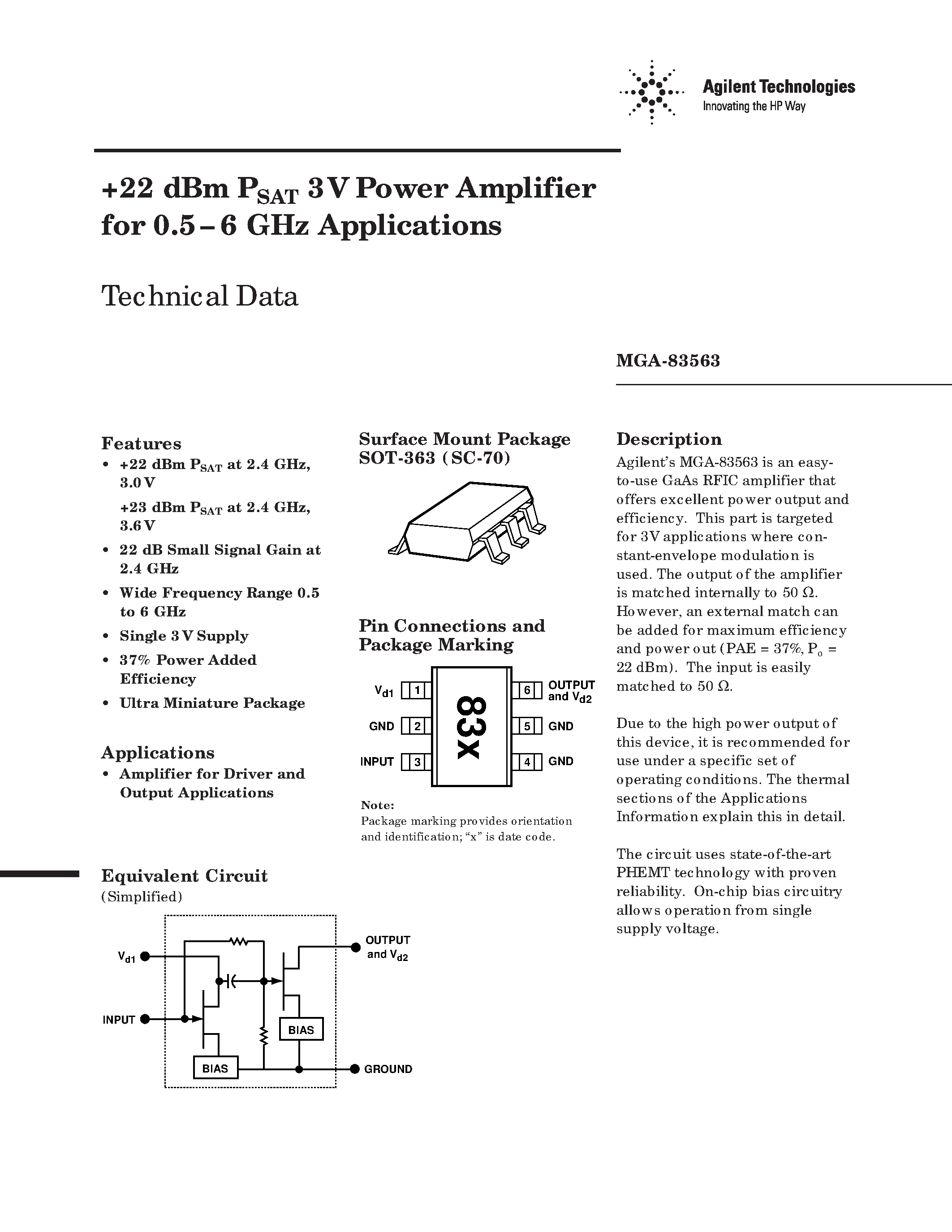 Datasheet MGA-83563-TR1 - +22 dBm PSAT 3V Power Amplifier for 0.5 6 GHz Applications page 1