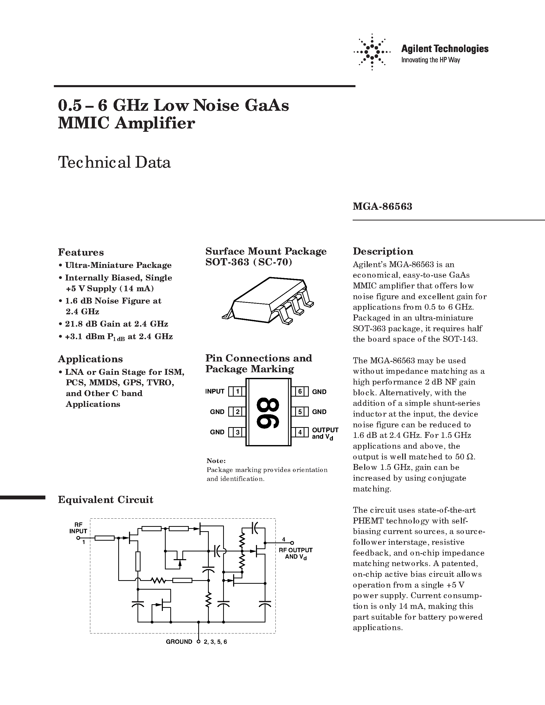 Datasheet MGA-86563-TR1 - 0.5 - 6 GHz Low Noise GaAs MMIC Amplifier page 1