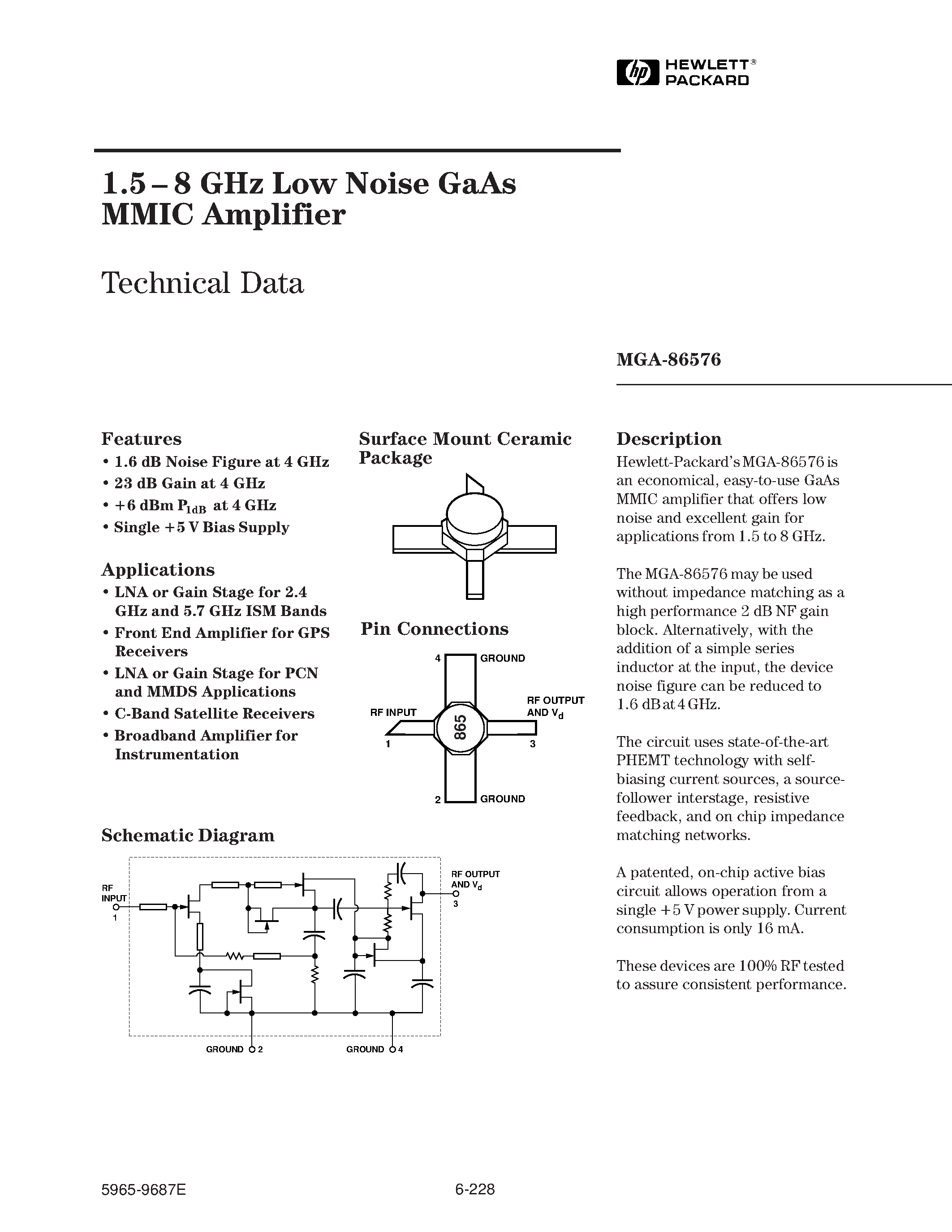 Datasheet MGA-86576-TR1 - 1.5 - 8 GHz Low Noise GaAs MMIC Amplifier page 1