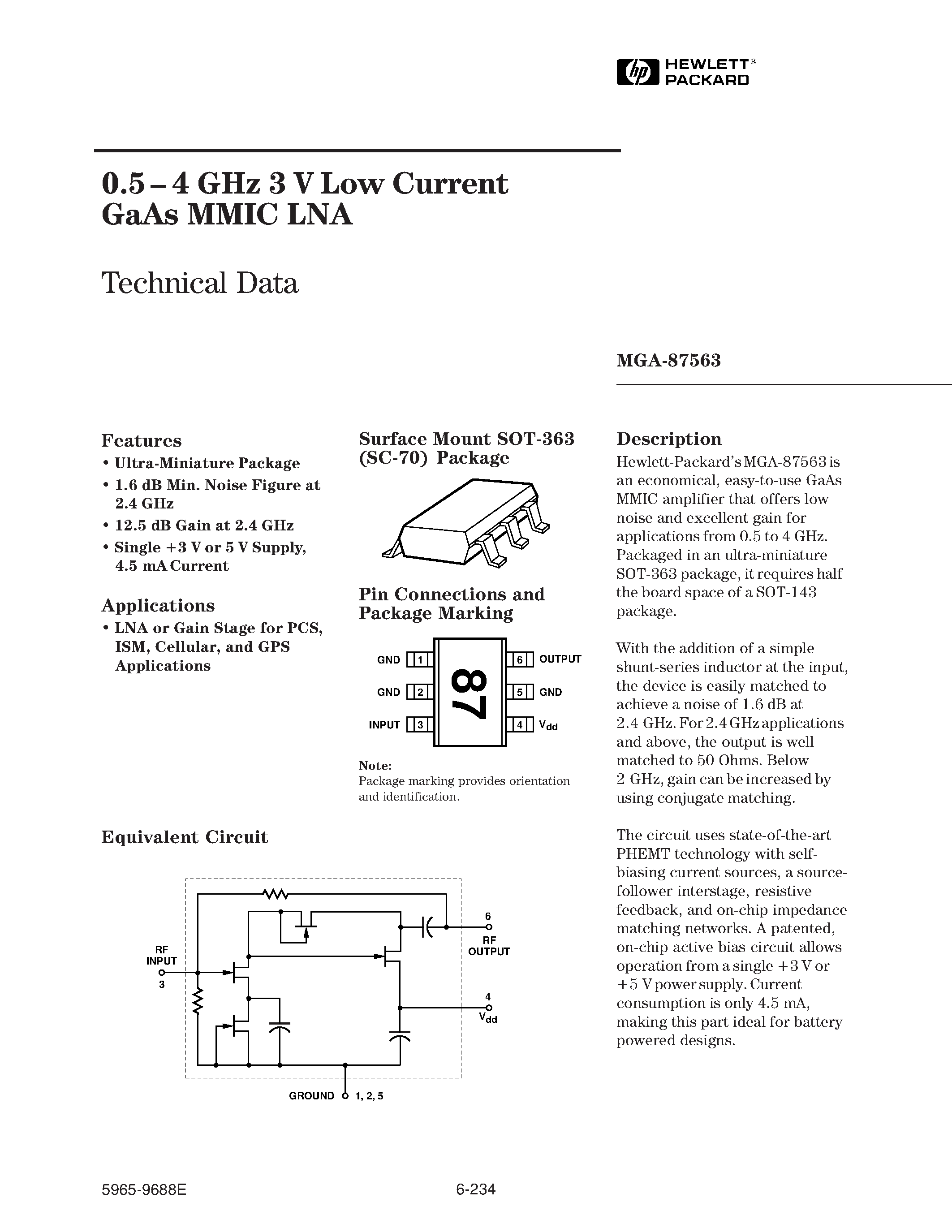 Datasheet MGA-87563-BLK - 0.5 - 4 GHz 3 V Low Current GaAs MMIC LNA page 1
