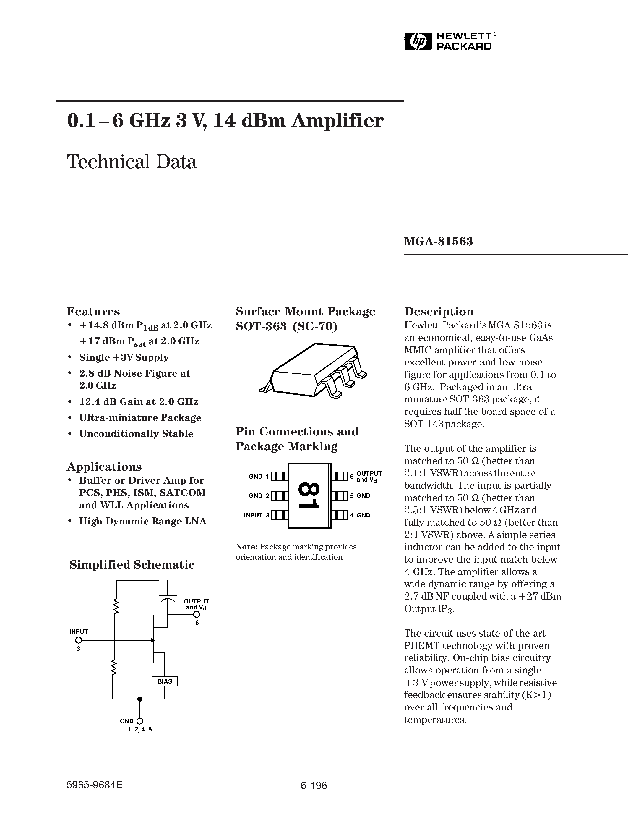 Datasheet MGA81563 - 0.1- 6 GHz 3 V / 14 dBm Amplifier page 1