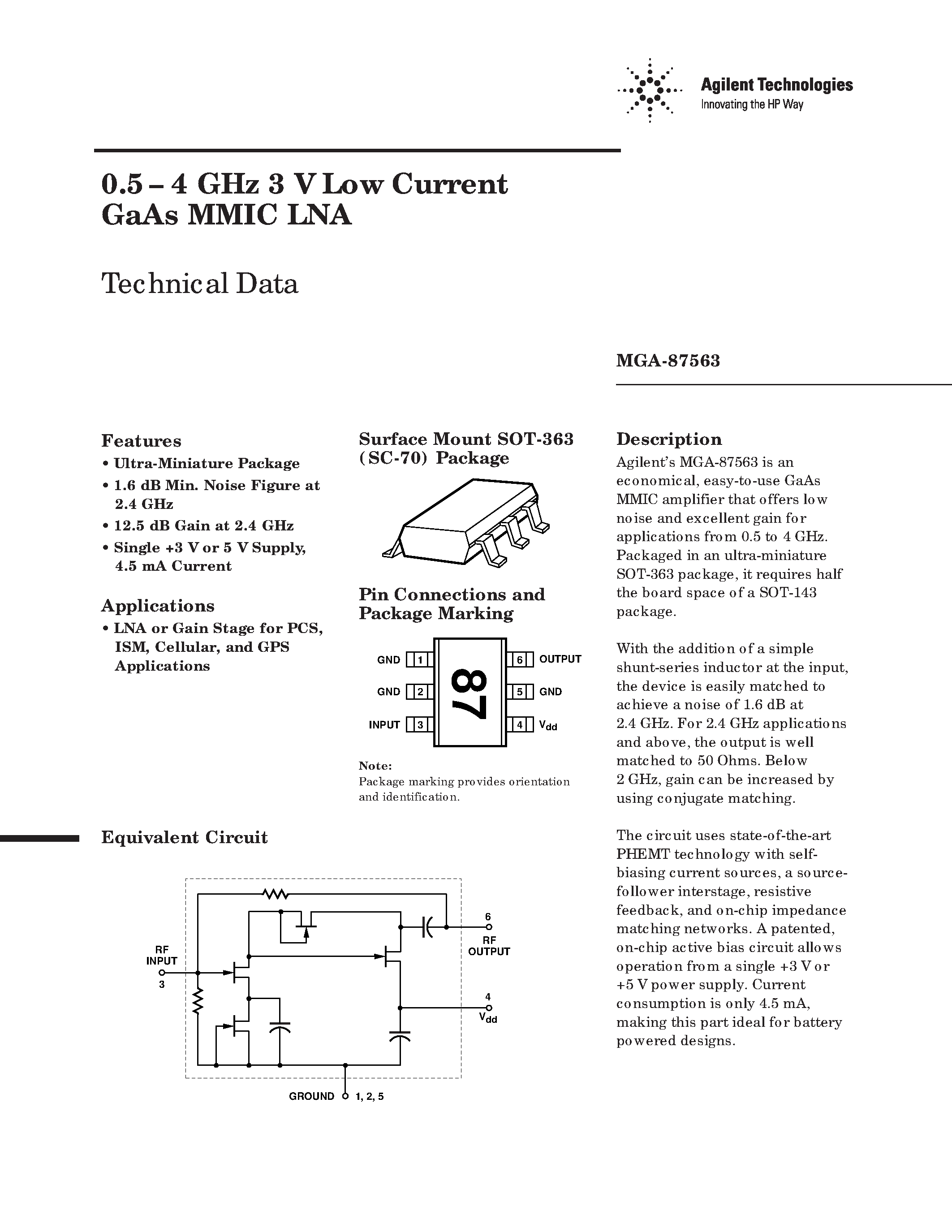Datasheet MGA87563 - 0.5 - 4 GHz 3 V Low Current GaAs MMIC LNA page 1