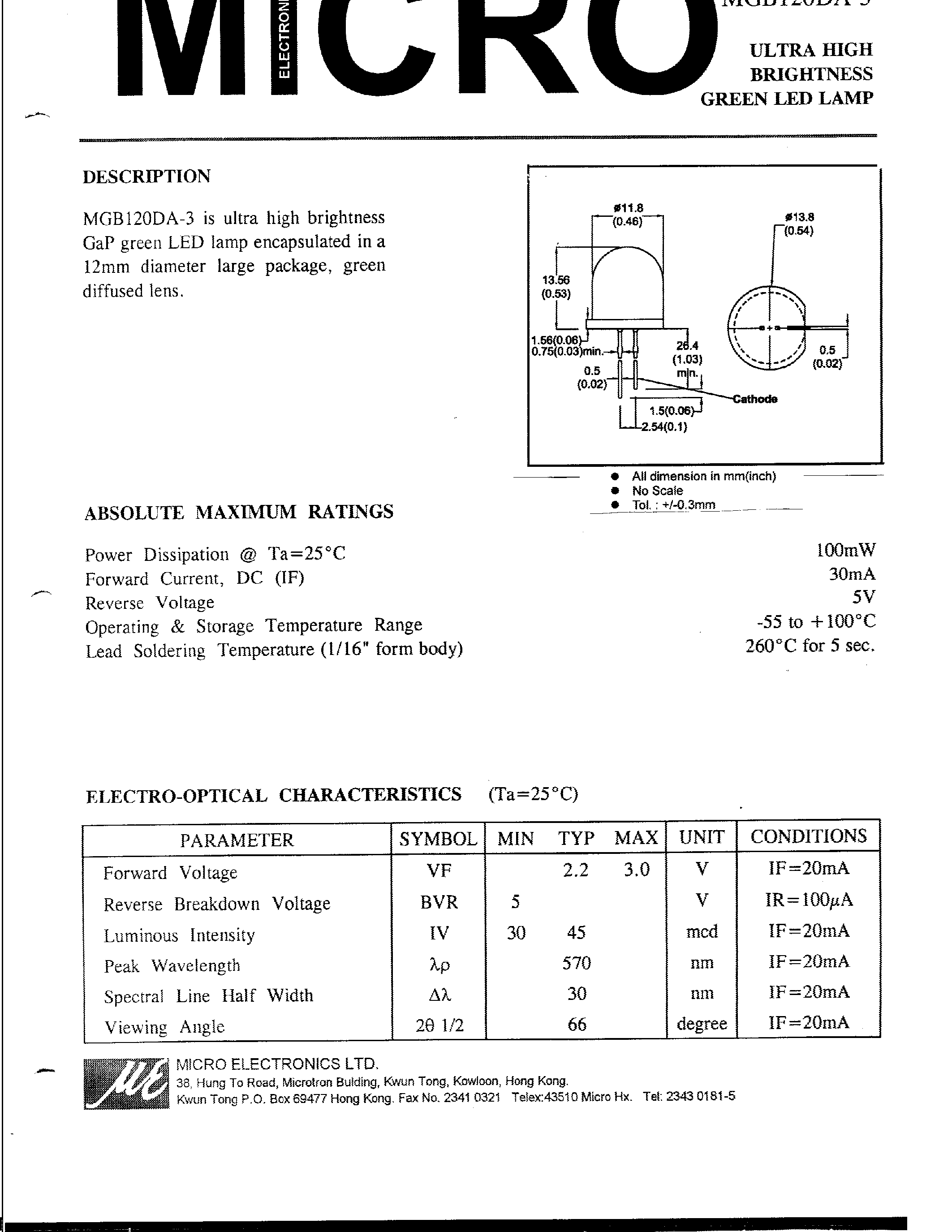 Datasheet MGB120DA-3 page 1 Datasheet MGB120DA-3 - ULTRA HIGH BRIGHTNESS GREEN LED LAMP page 1