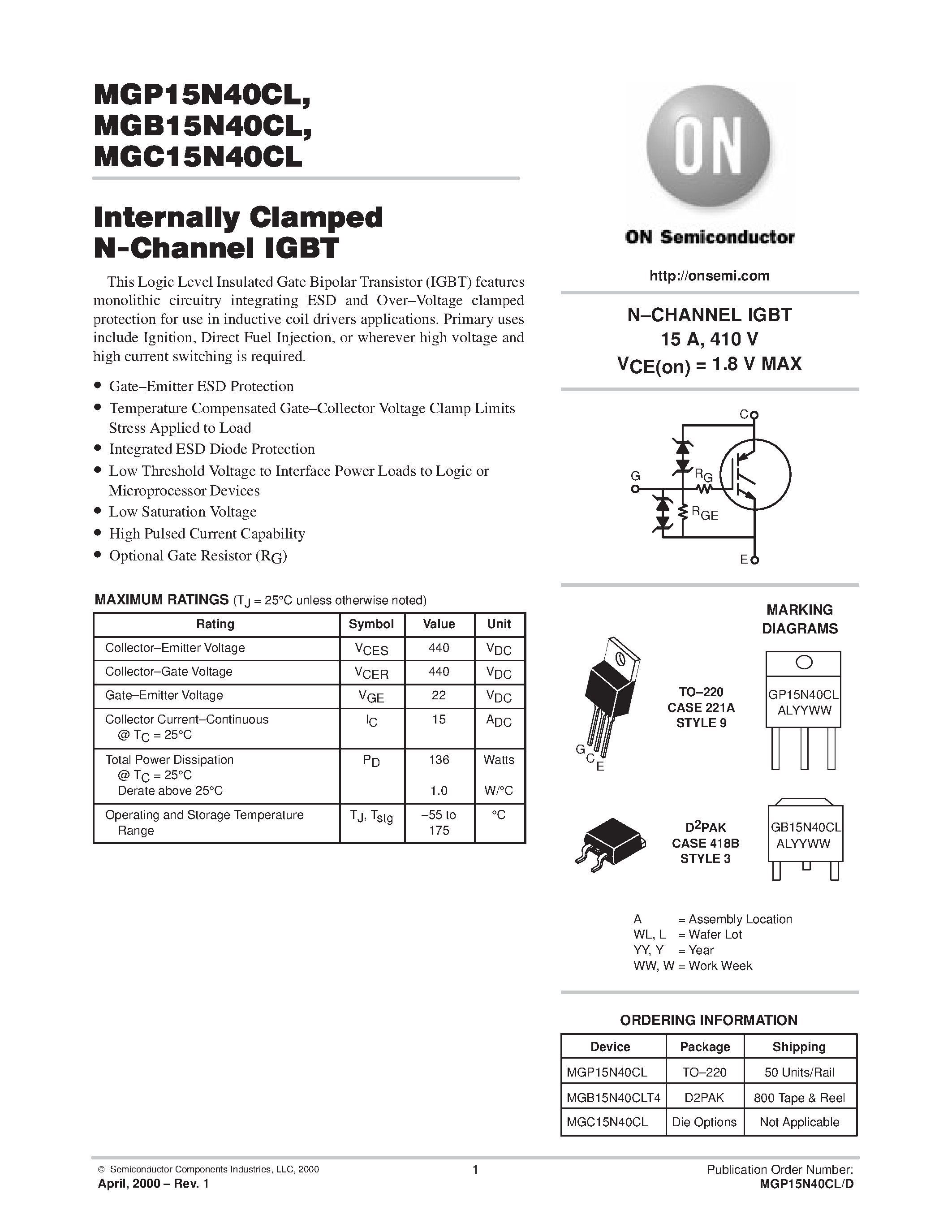 Datasheet MGB15N40CLT4 - Internally Clamped N-Channel IGBT page 1