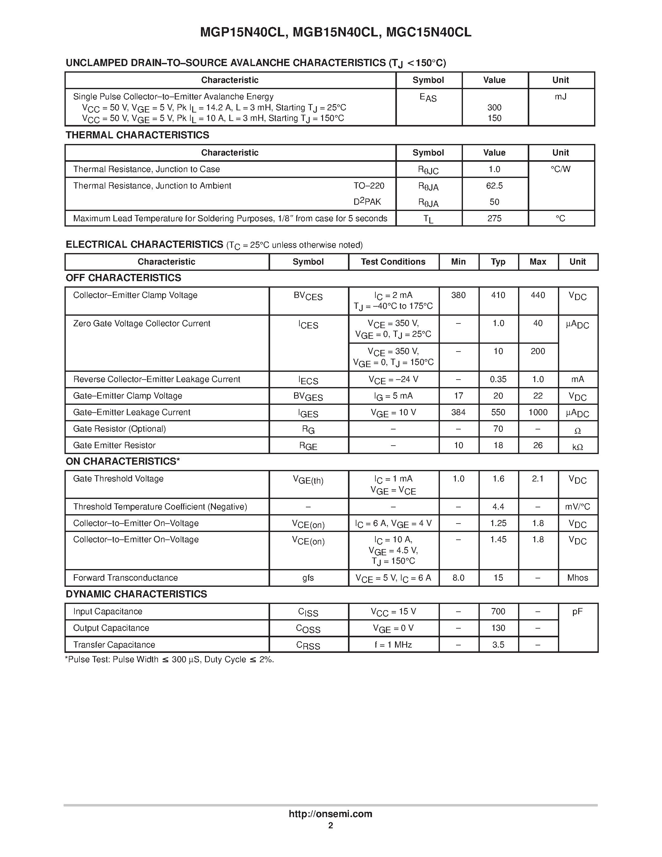 Datasheet MGB15N40CLT4 - Internally Clamped N-Channel IGBT page 2