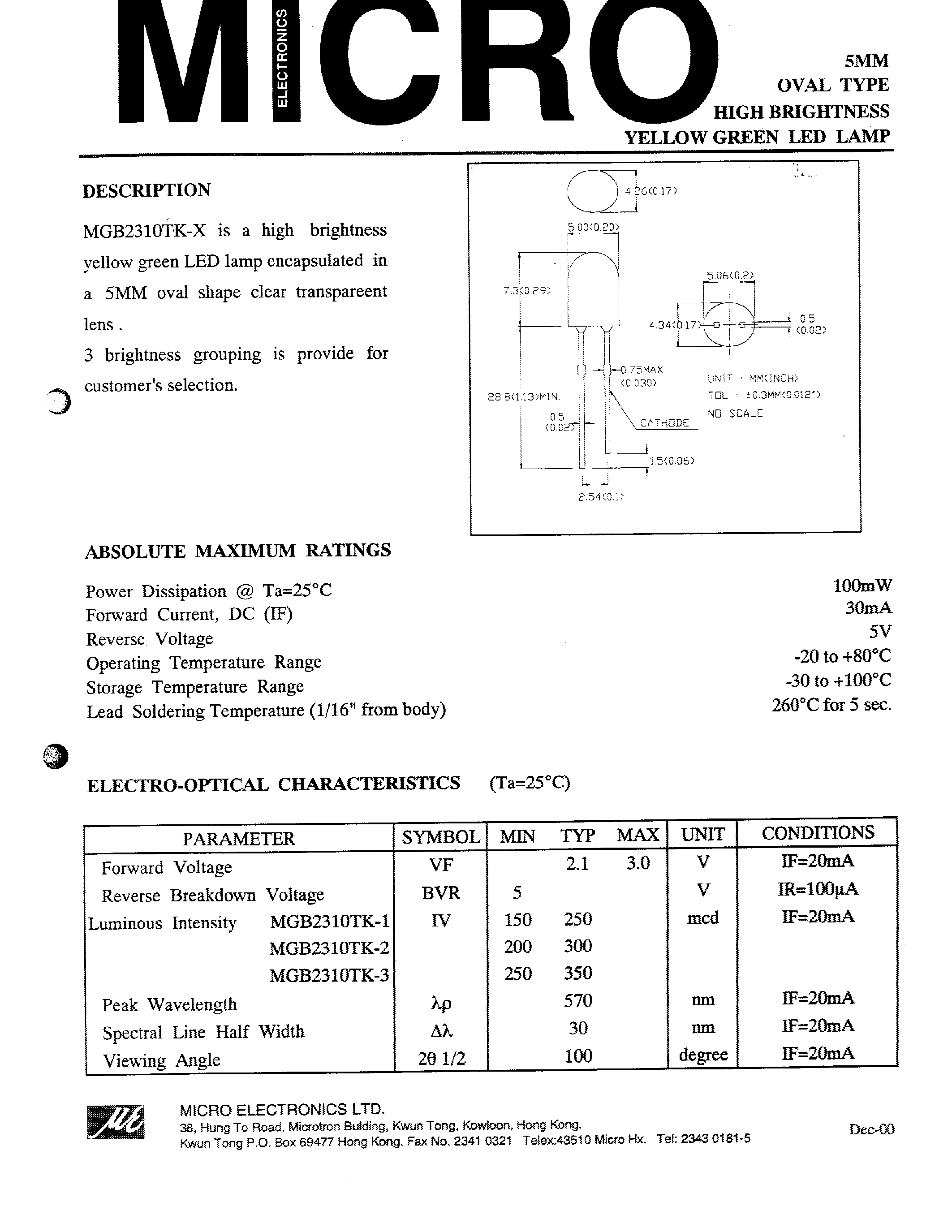 Datasheet MGB2310TK-X page 1 Datasheet MGB2310TK-X - 5MM OVAL TYPE HIGH BRIGHTNESS YELLOW GREEN LED LAMP page 1