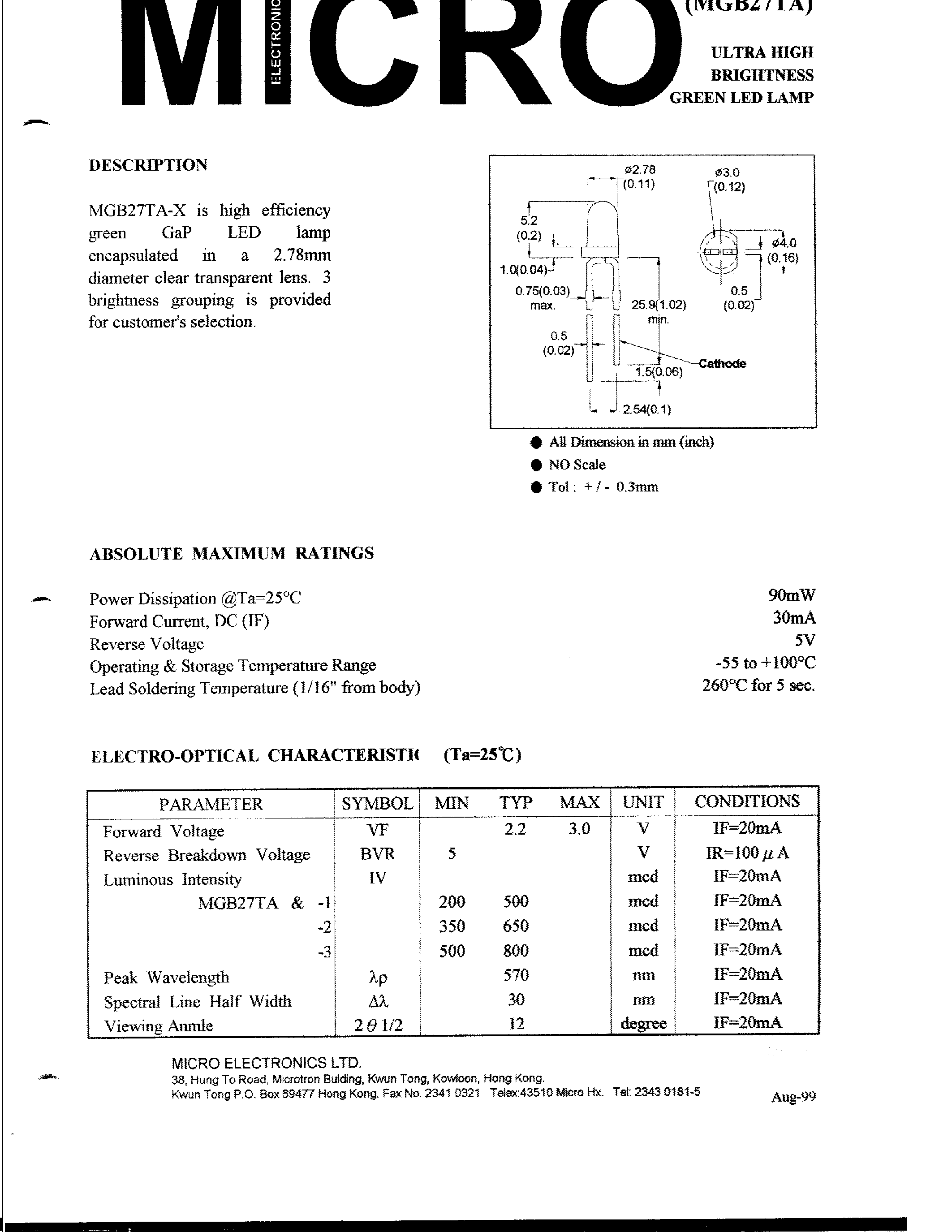 Datasheet MGB27TA-X page 1 Datasheet MGB27TA-X - ULTRA HIGH BRIGHTNESS GREEN LED LAMP page 1