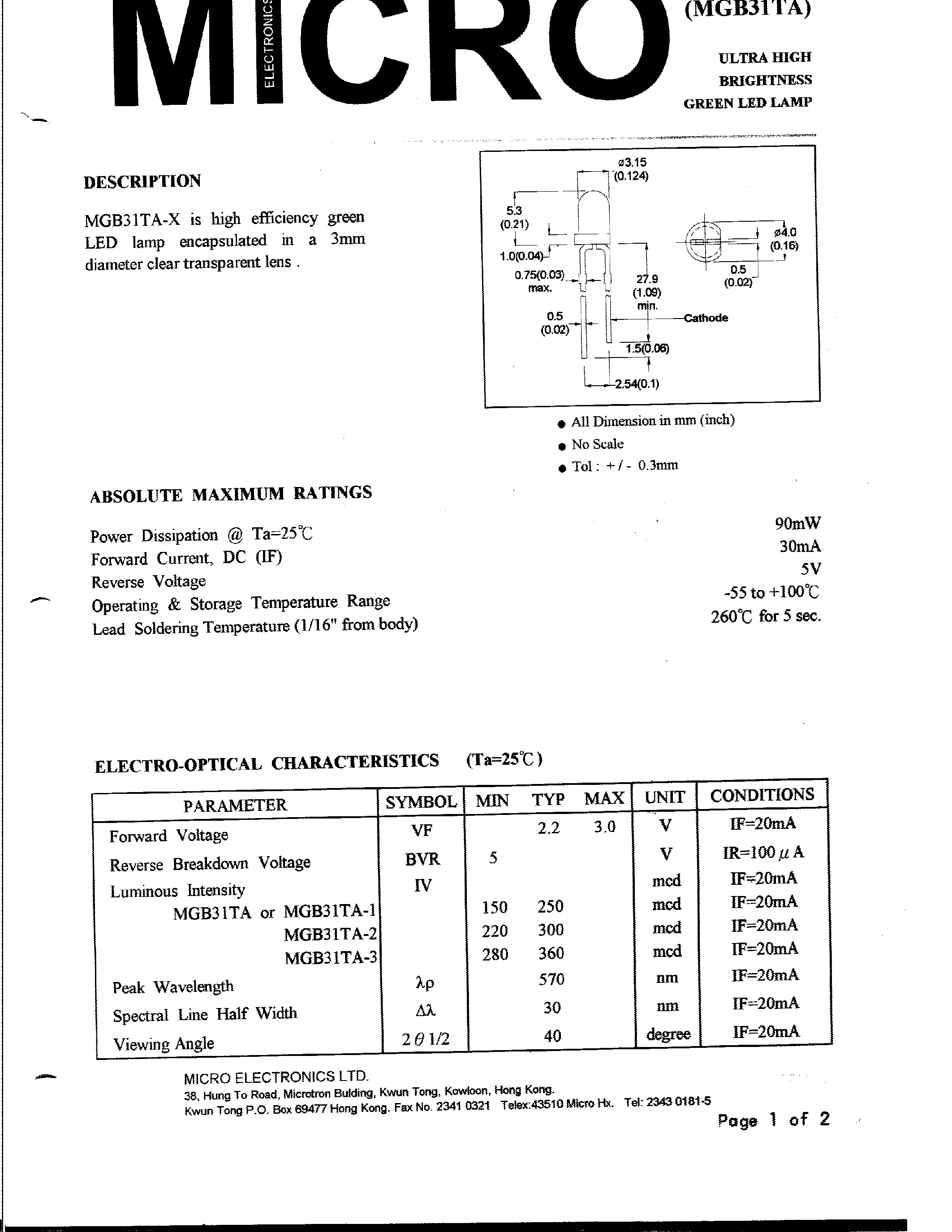 Datasheet MGB31TA-X page 1 Datasheet MGB31TA-X - ULTRA HIGH BRIGHTNESS GREEN LED LAMP page 1