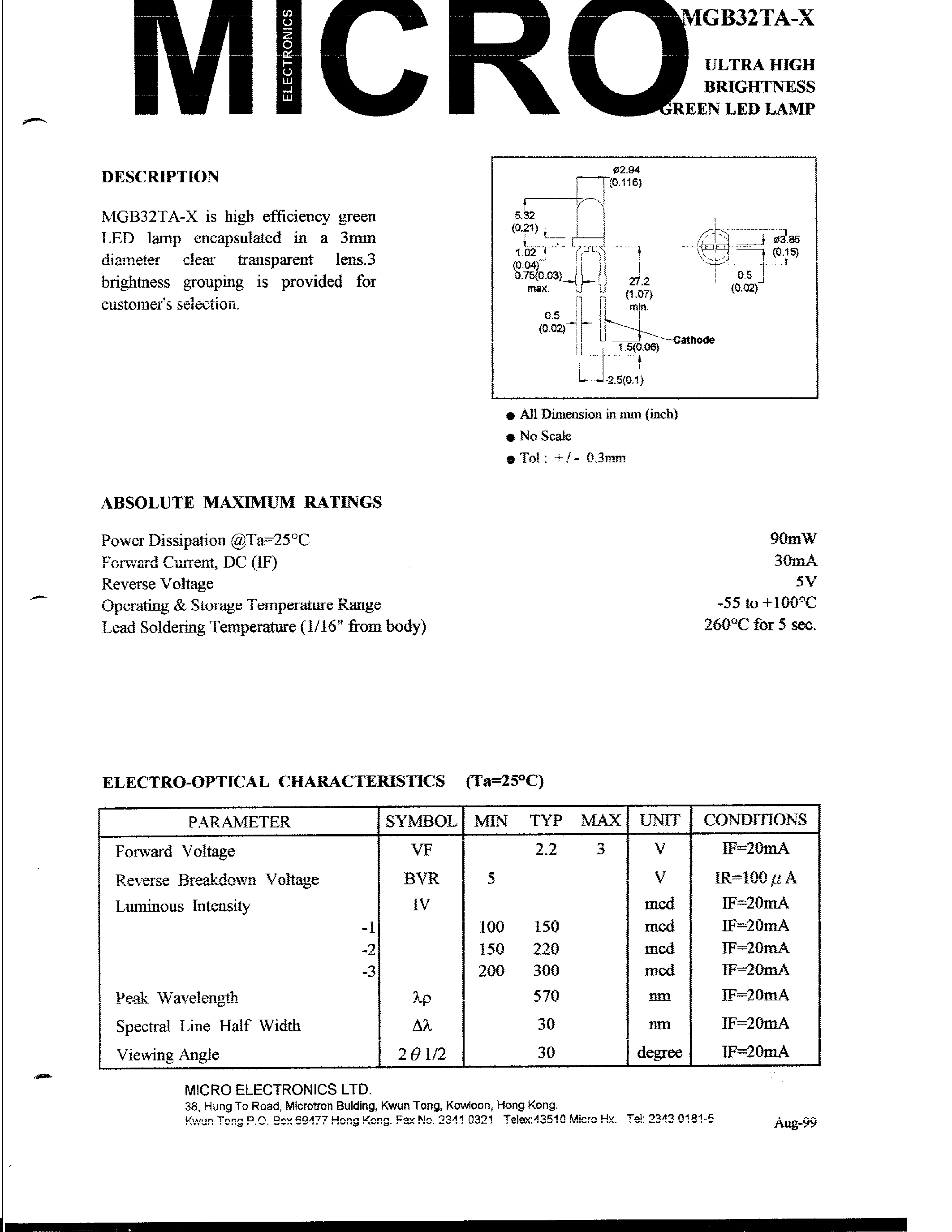 Datasheet MGB32TA-X page 1 Datasheet MGB32TA-X - ULTRA HIGH BRIGHTNESS GREEN LED LAMP page 1