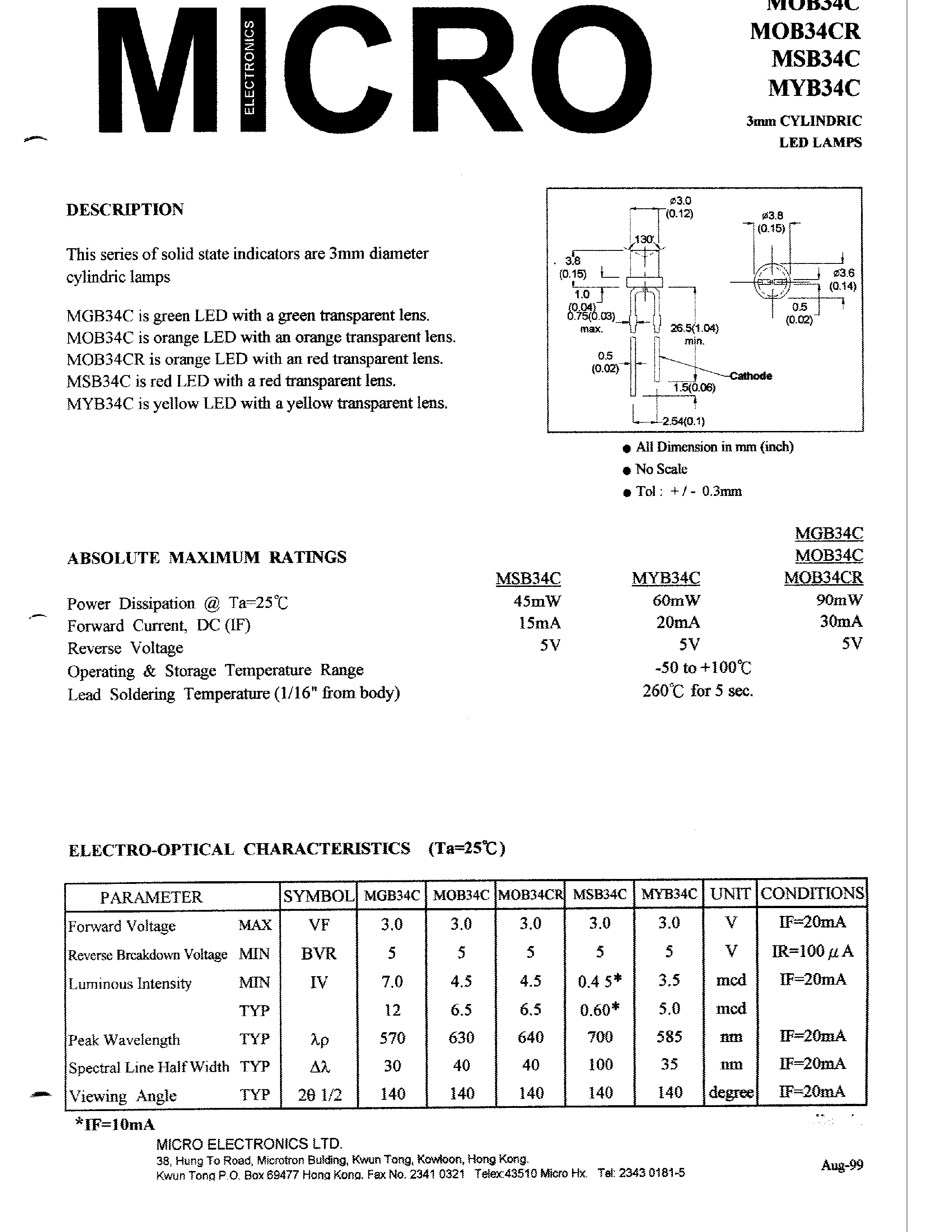 Datasheet MGB34C - SOLID STATE INDICATORS ARE 3mm DIAMETER CYLIMDRIC LAMPS page 1