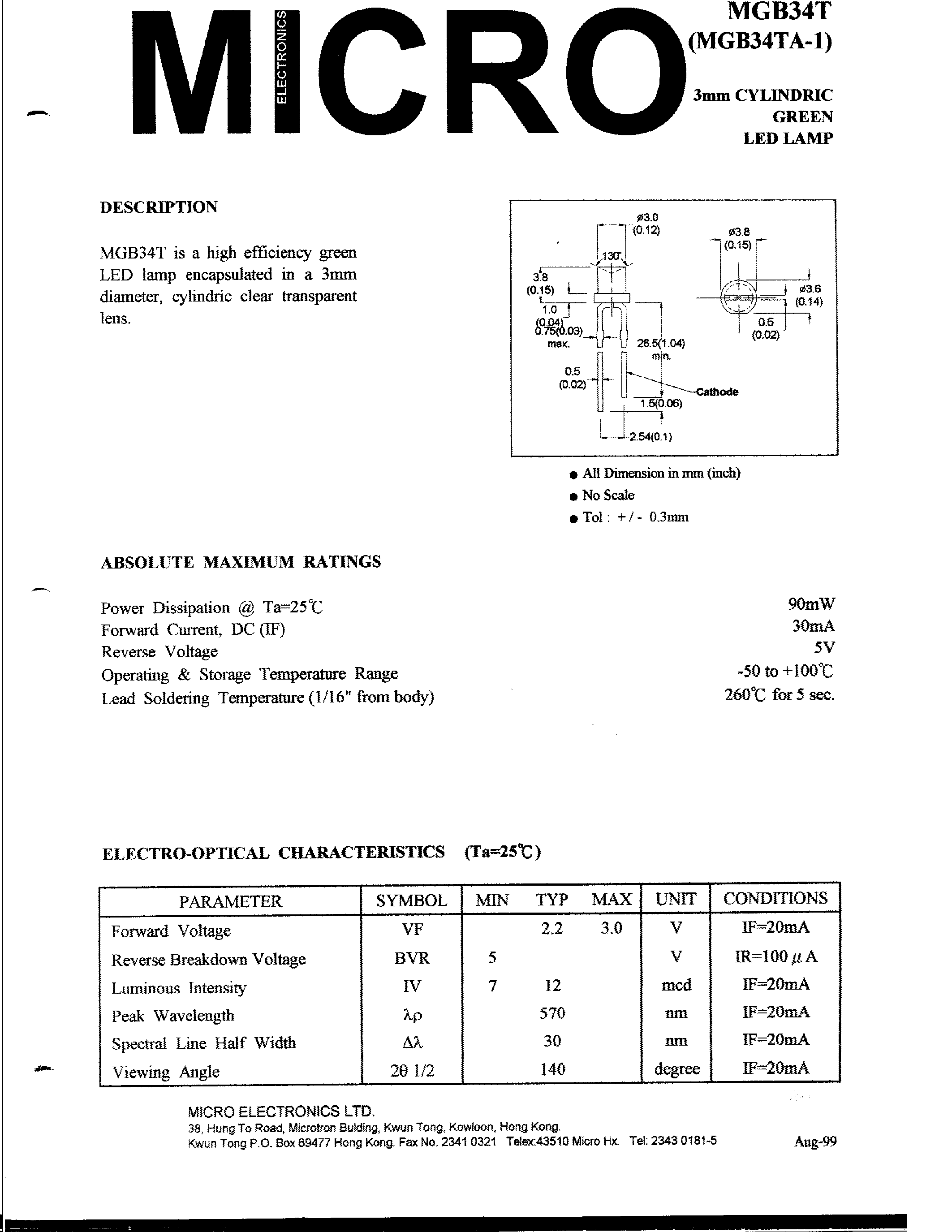 Datasheet MGB34T-1 page 1 Datasheet MGB34T-1 - 3mm CYLINDRIC GREEN LED LAMP page 1