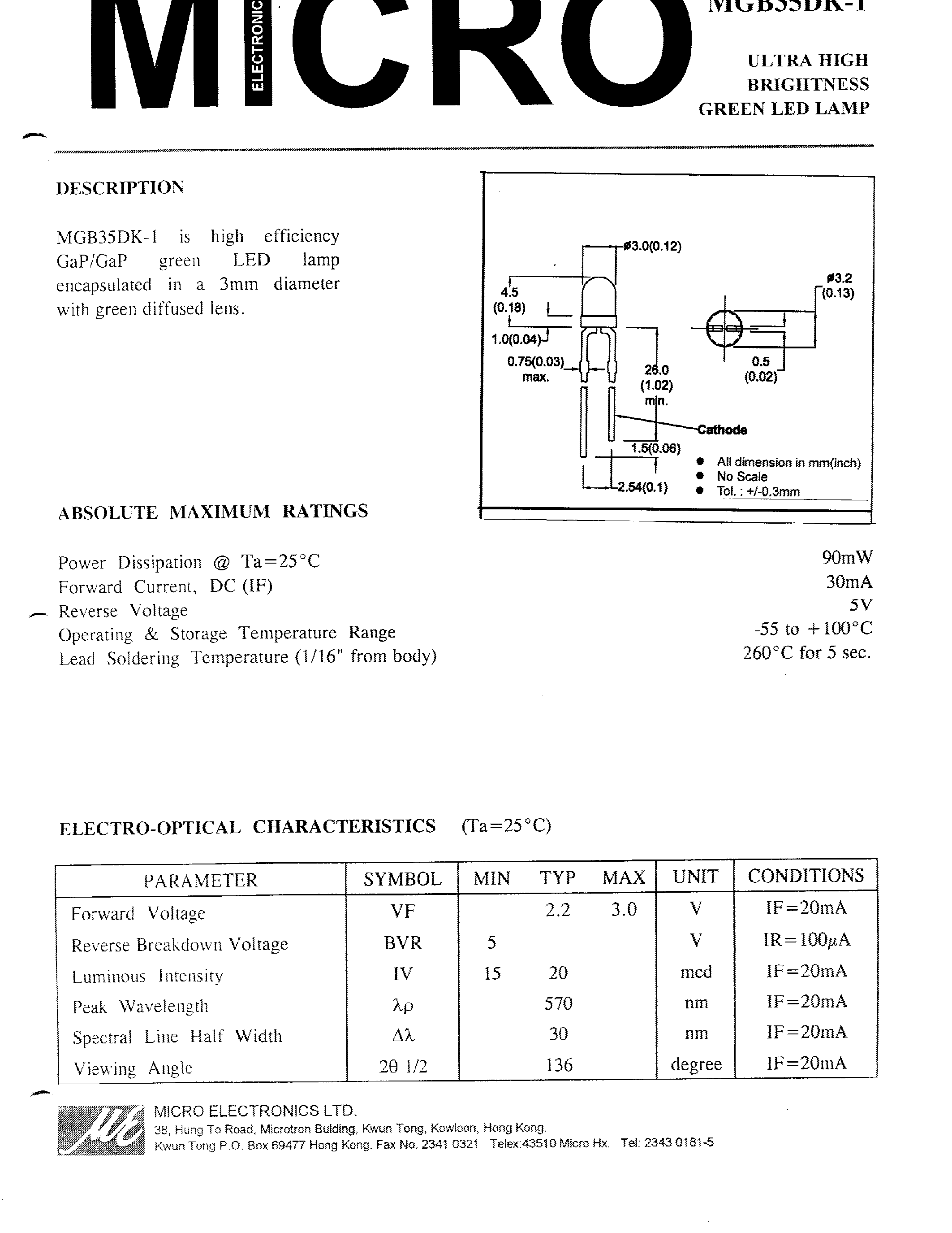 Datasheet MGB35DK-1 - ULTRA HIGH BRIGHTNESS GREEN LED LAMP page 1