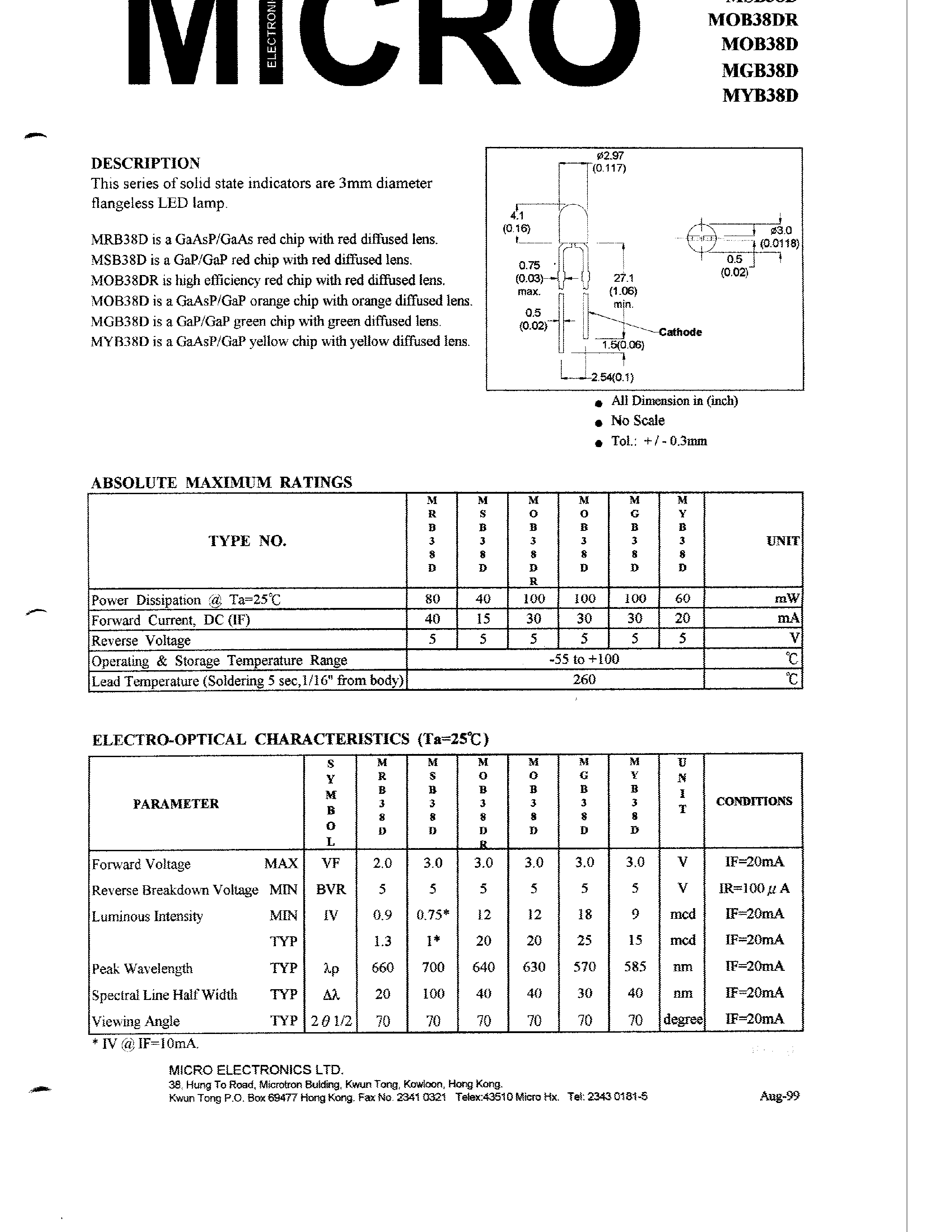 Datasheet MGB38D - SOLID STATE INDICATORS ARE 3mm DIAMETER FLANGELESS LED LAMP page 1
