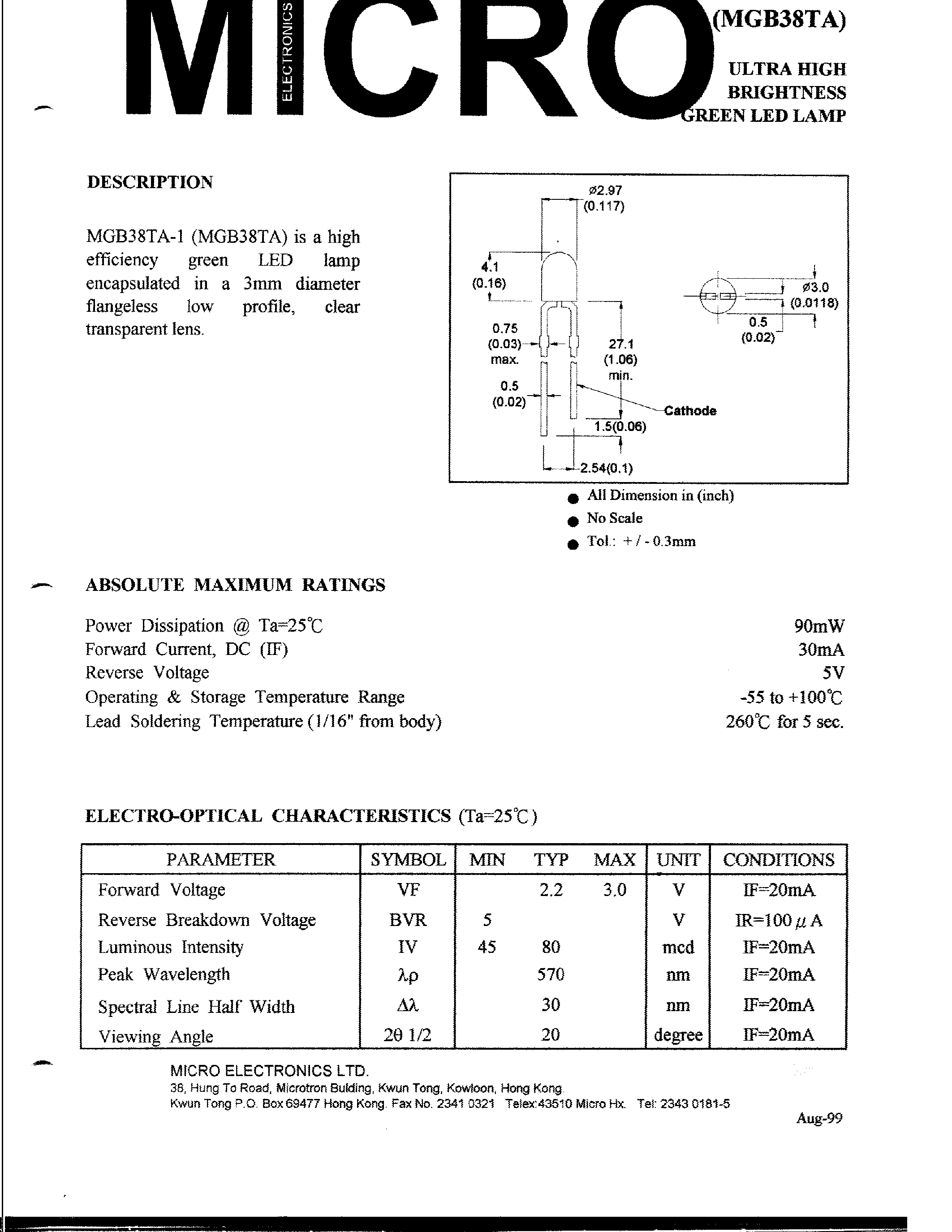 Datasheet MGB38TA-1 - ULTRA HIGH BRIGHTNESS GREEN LED LAMP page 1