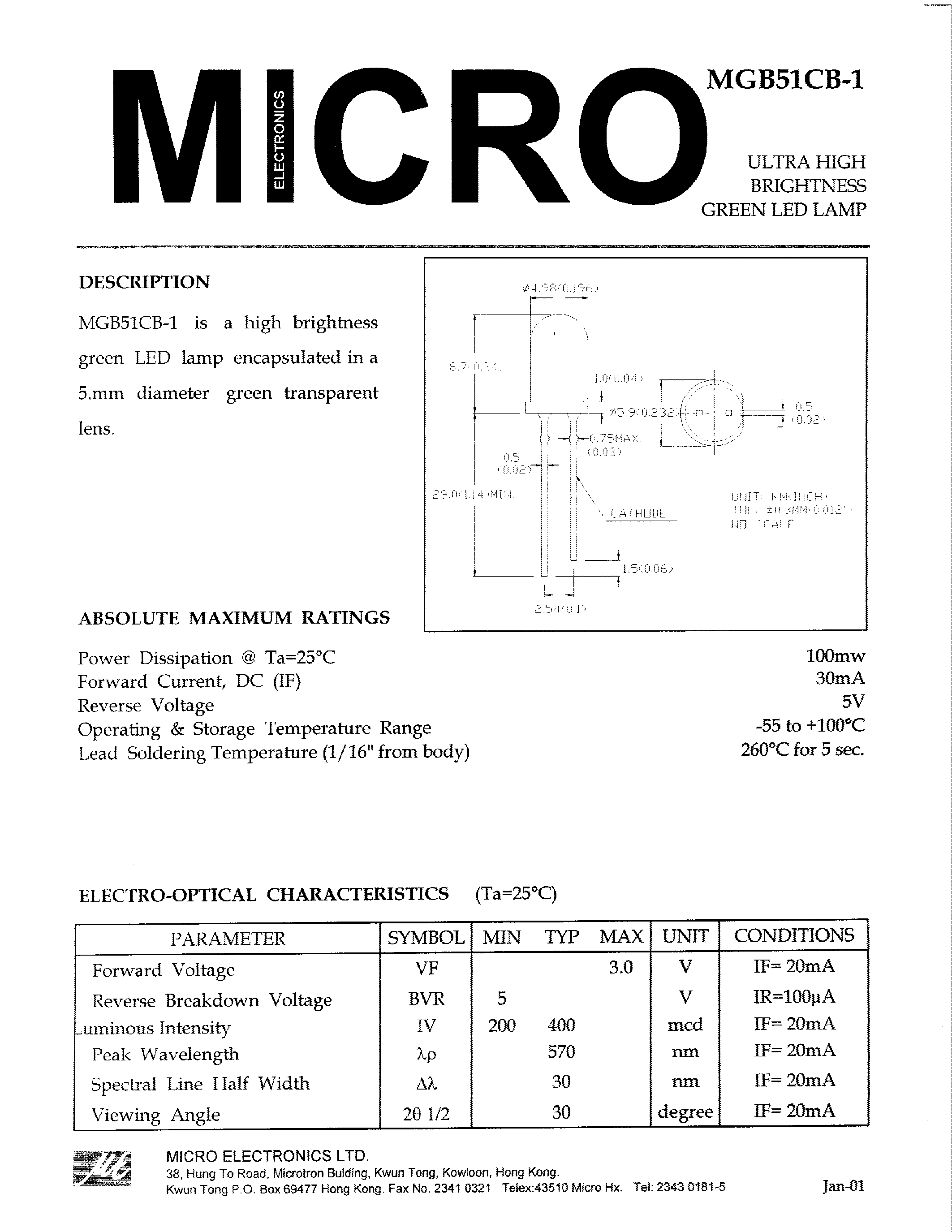 Datasheet MGB51CB-1 page 1 Datasheet MGB51CB-1 - ULTRA HIGH BRIGHTNESS GREEN LED LAMP page 1