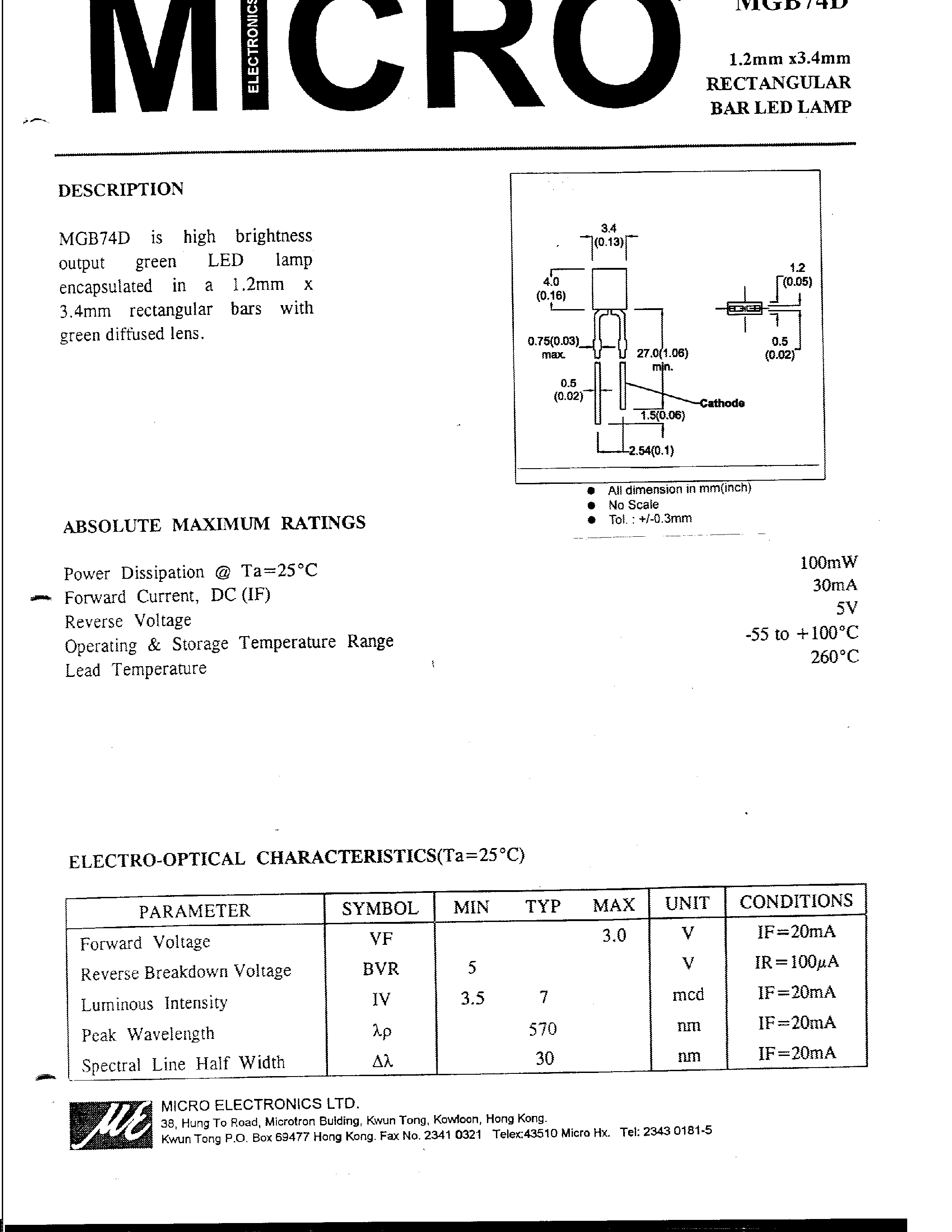 Datasheet MGB74D - 1.2mm x 3.$4mm RECTANGULAR BAR LED LAMP page 1
