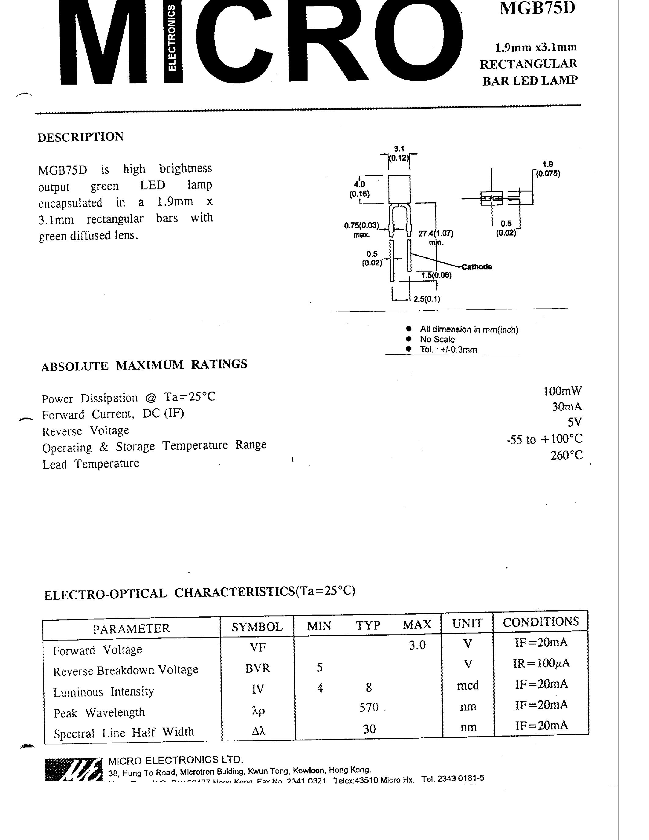 Datasheet MGB75D - 1.9mm x 3.1mm RECTANGRLAR BAR LED LAMP page 1