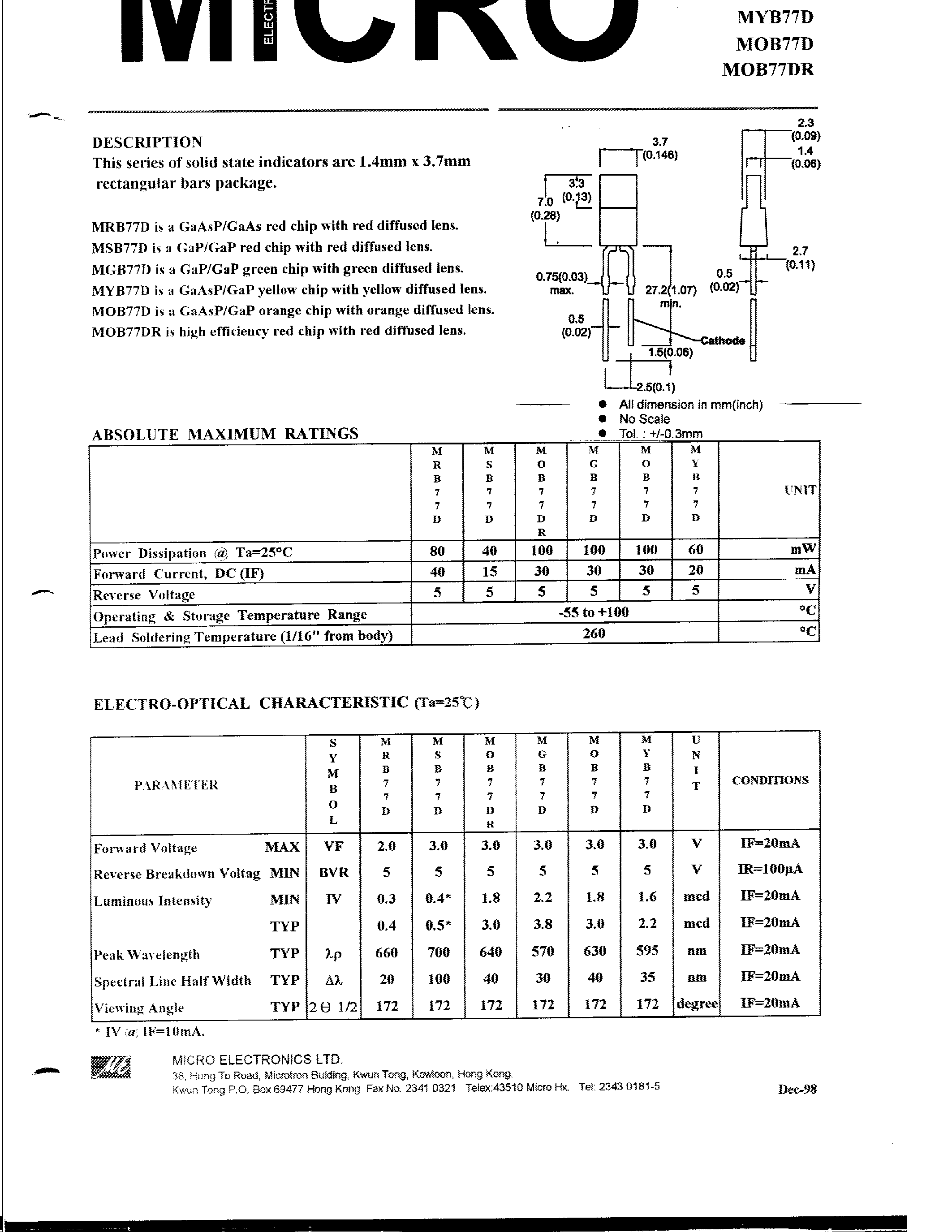 Datasheet MGB77D - SOLID STATE INDICATORS ARE 1.4mm x 3.7mm RECTANGULAR BARS PACKAGE page 1