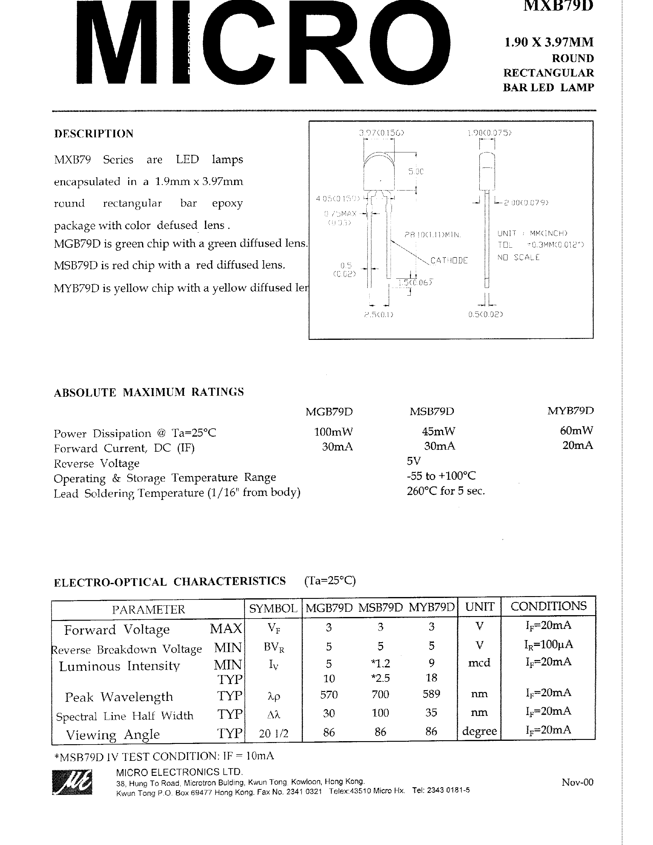 Datasheet MGB79D - 1.90 X 3.97MM ROUND RECTANGULAR BARLED LAMP page 1