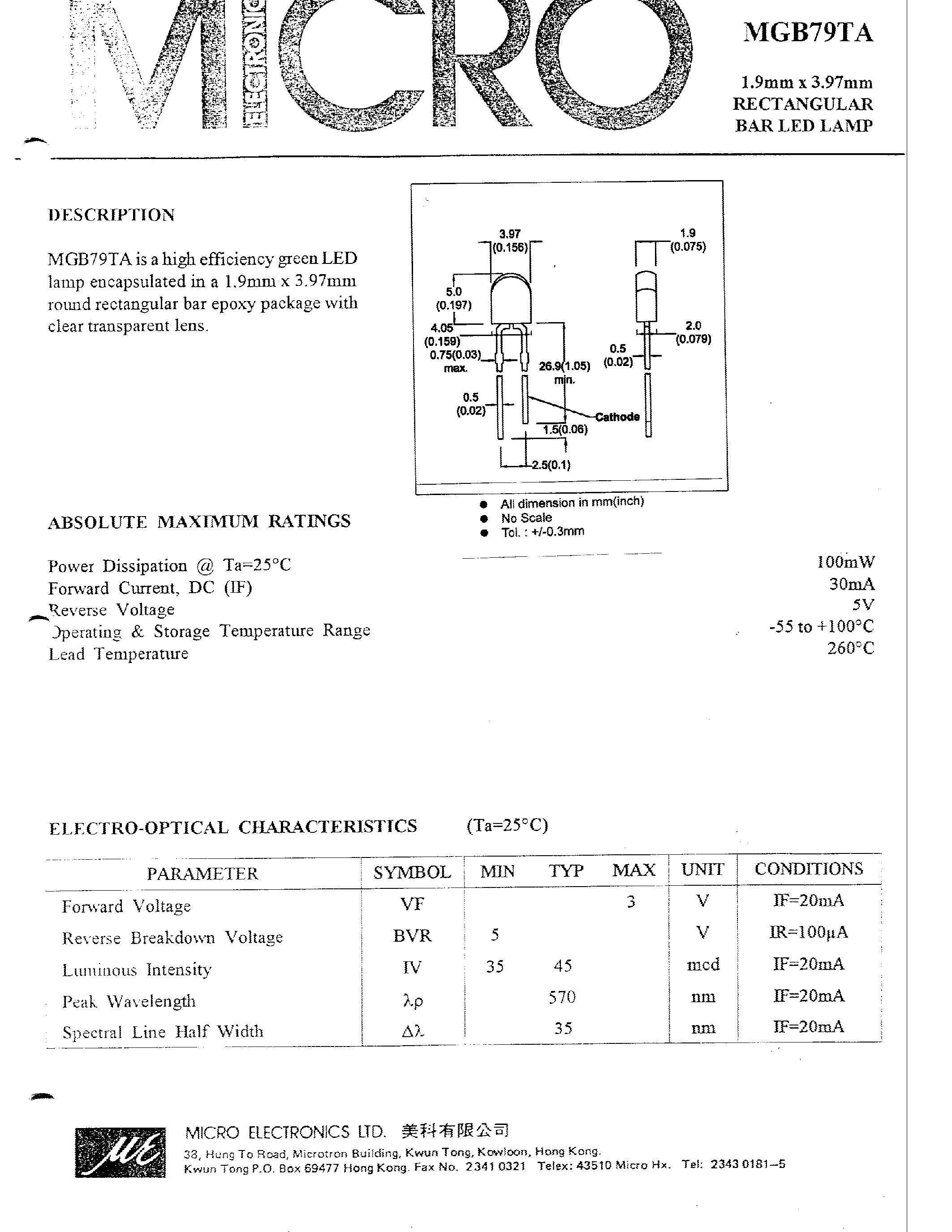 Datasheet MGB79TA - 1.9mm x 3.97mm RECTANGULAR BAR LED LAMP page 1