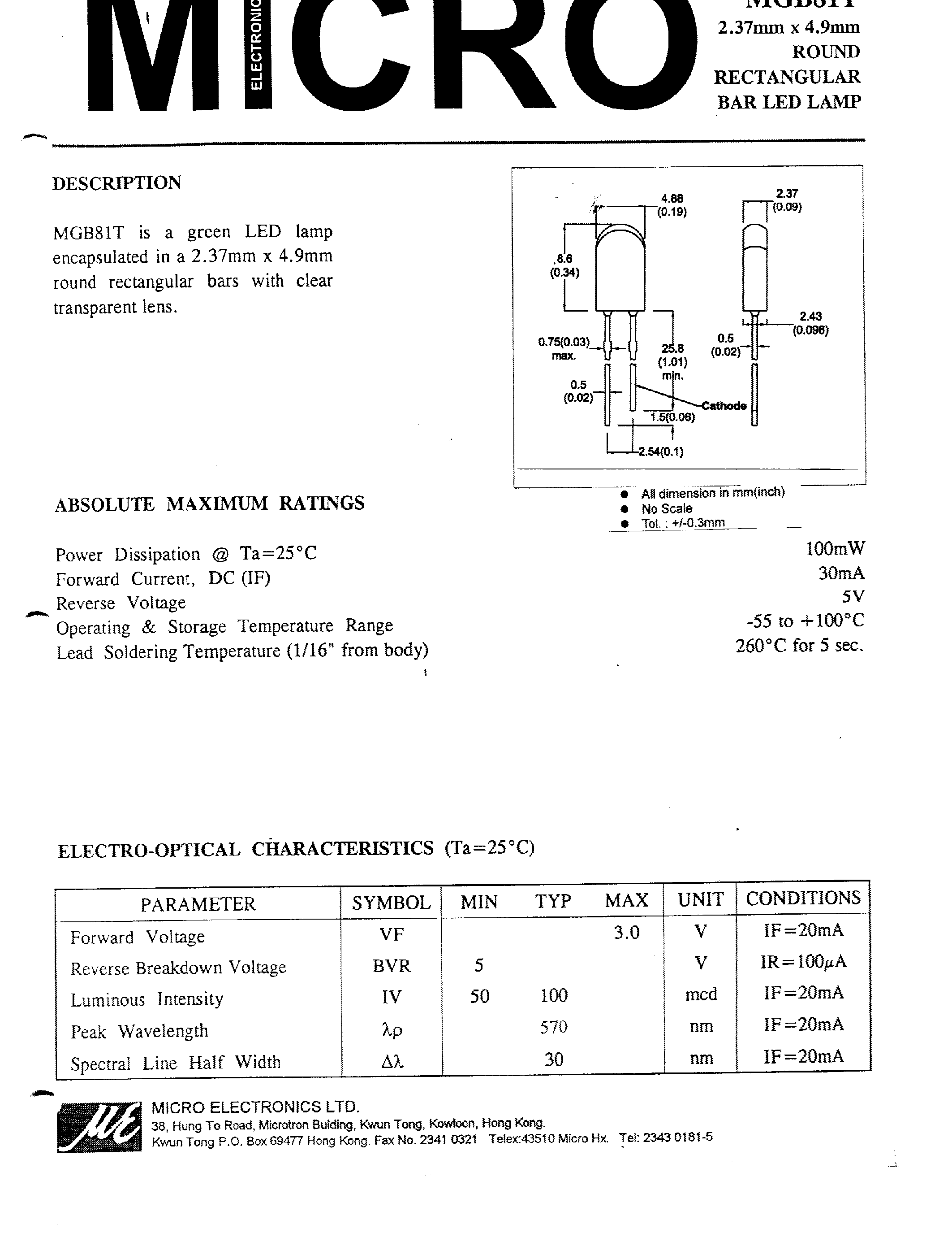 Datasheet MGB81T - 2.37mm x 4.9mm ROUND RECTANGULAR BAR LED LAMP page 1