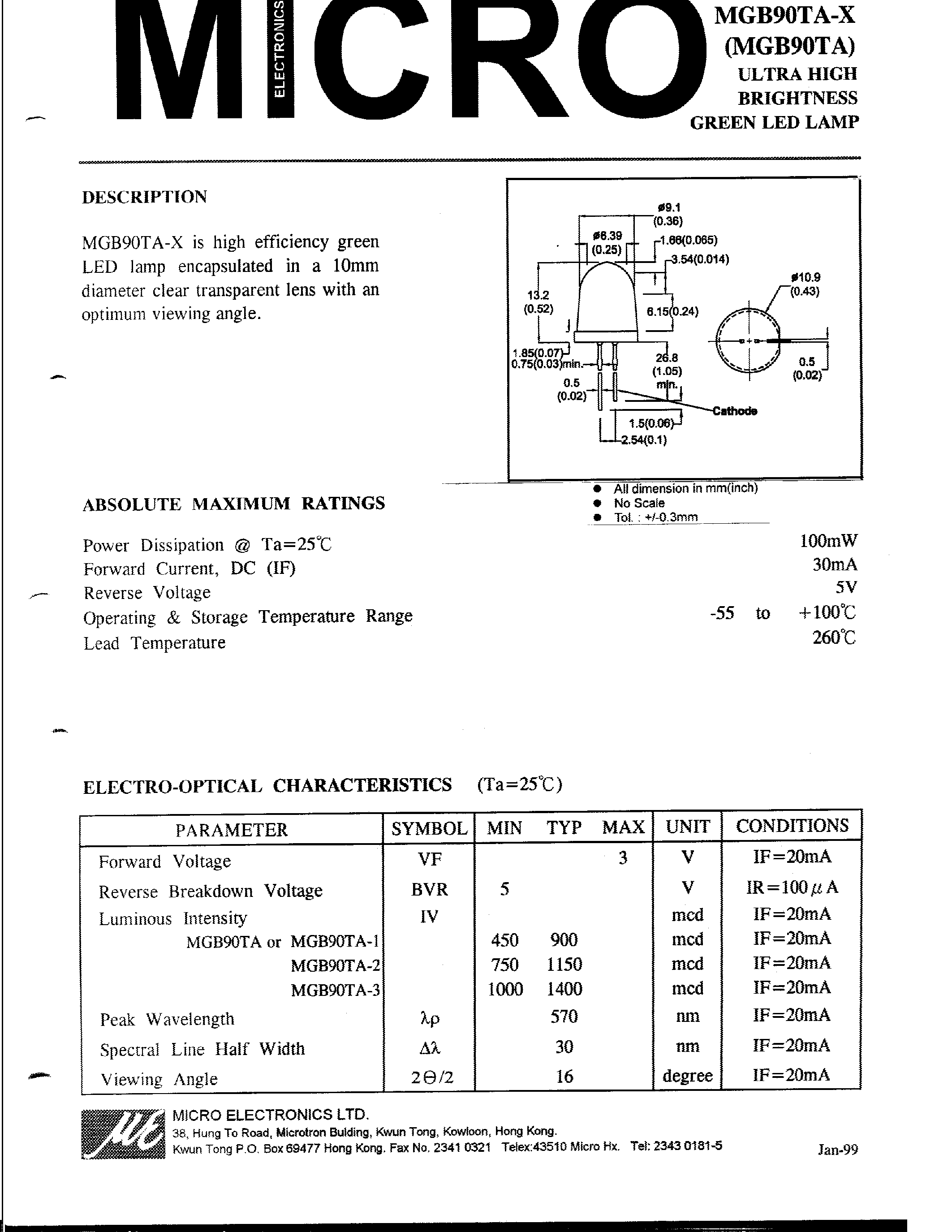 Datasheet MGB90TA-X page 1 Datasheet MGB90TA-X - ULTRA HIGH BRIGHTNESS GREEN LED LAMP page 1