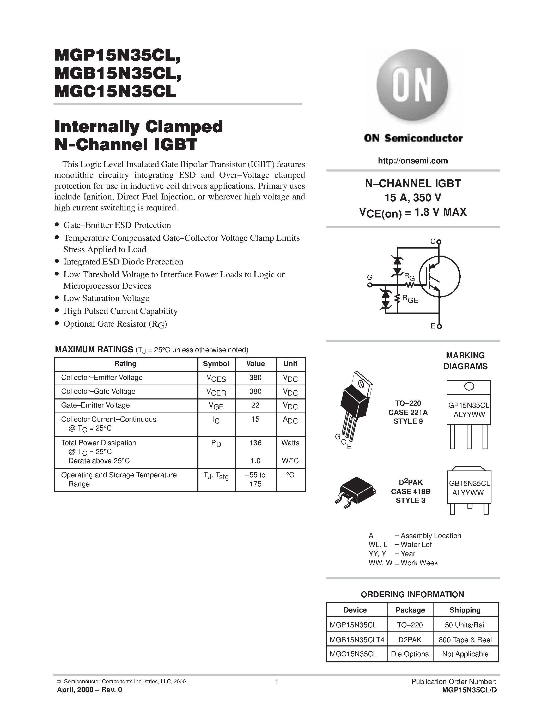 Datasheet MGC15N35CL - Internally Clamped N-Channel IGBT page 1