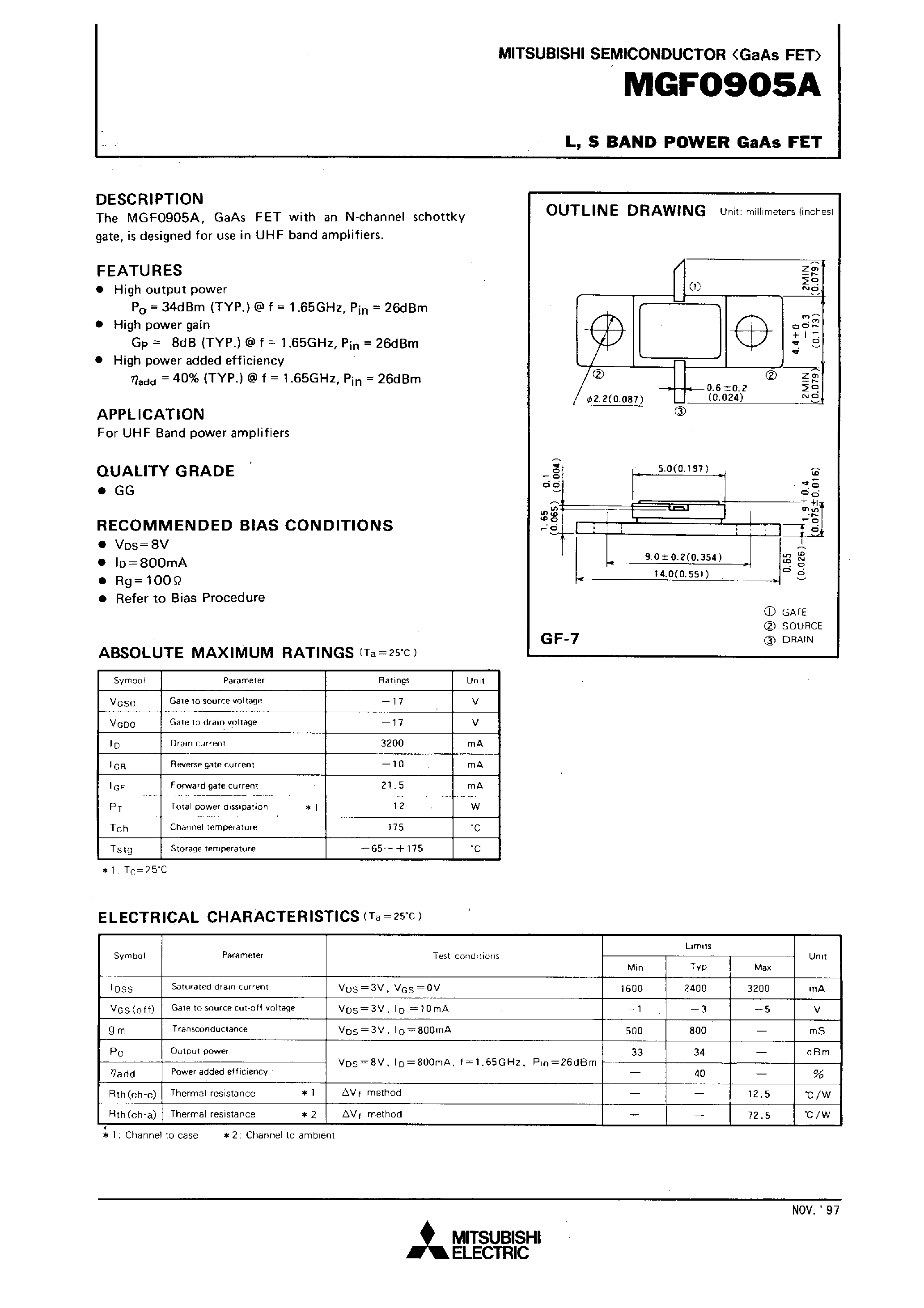 Даташит на микросхему MGF0905A страница 1 Даташит MGF0905A - L /S BAND POWER GaAs FET страница 1