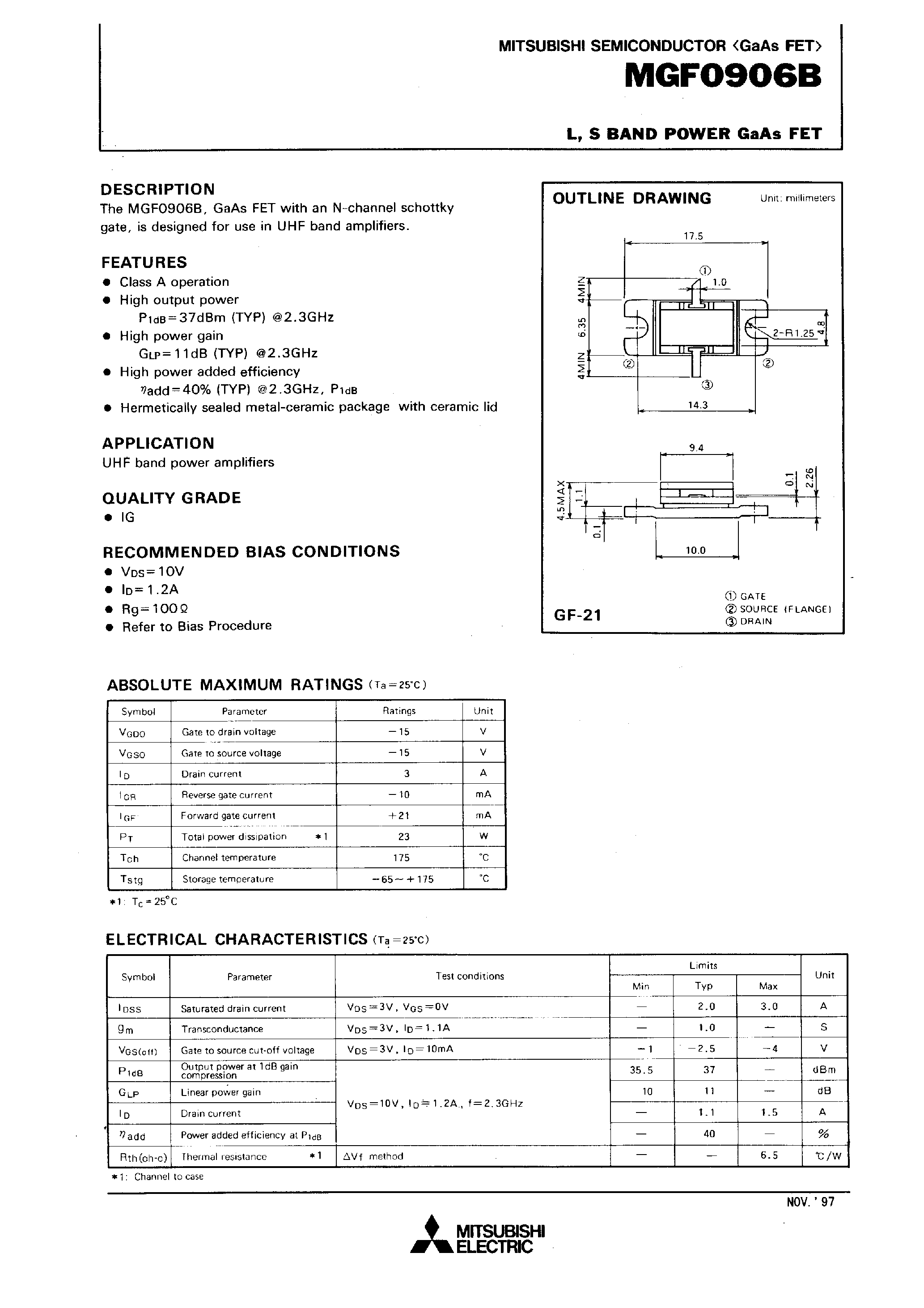 Datasheet MGF0906 page 1 Datasheet MGF0906 - L /S BAND POWER GaAs FET page 1