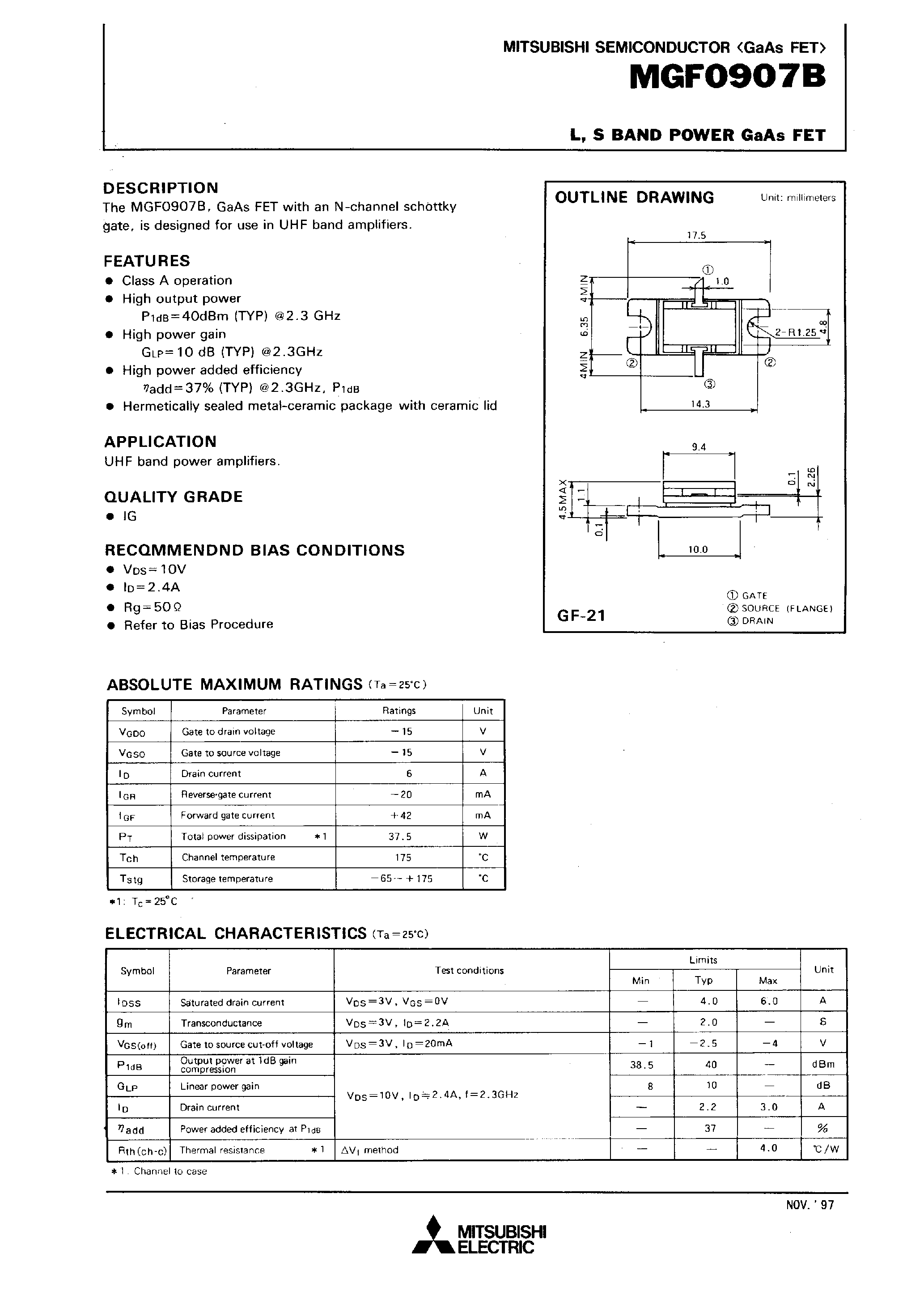 Datasheet MGF0907 - L /S BAND POWER GaAs FET page 1