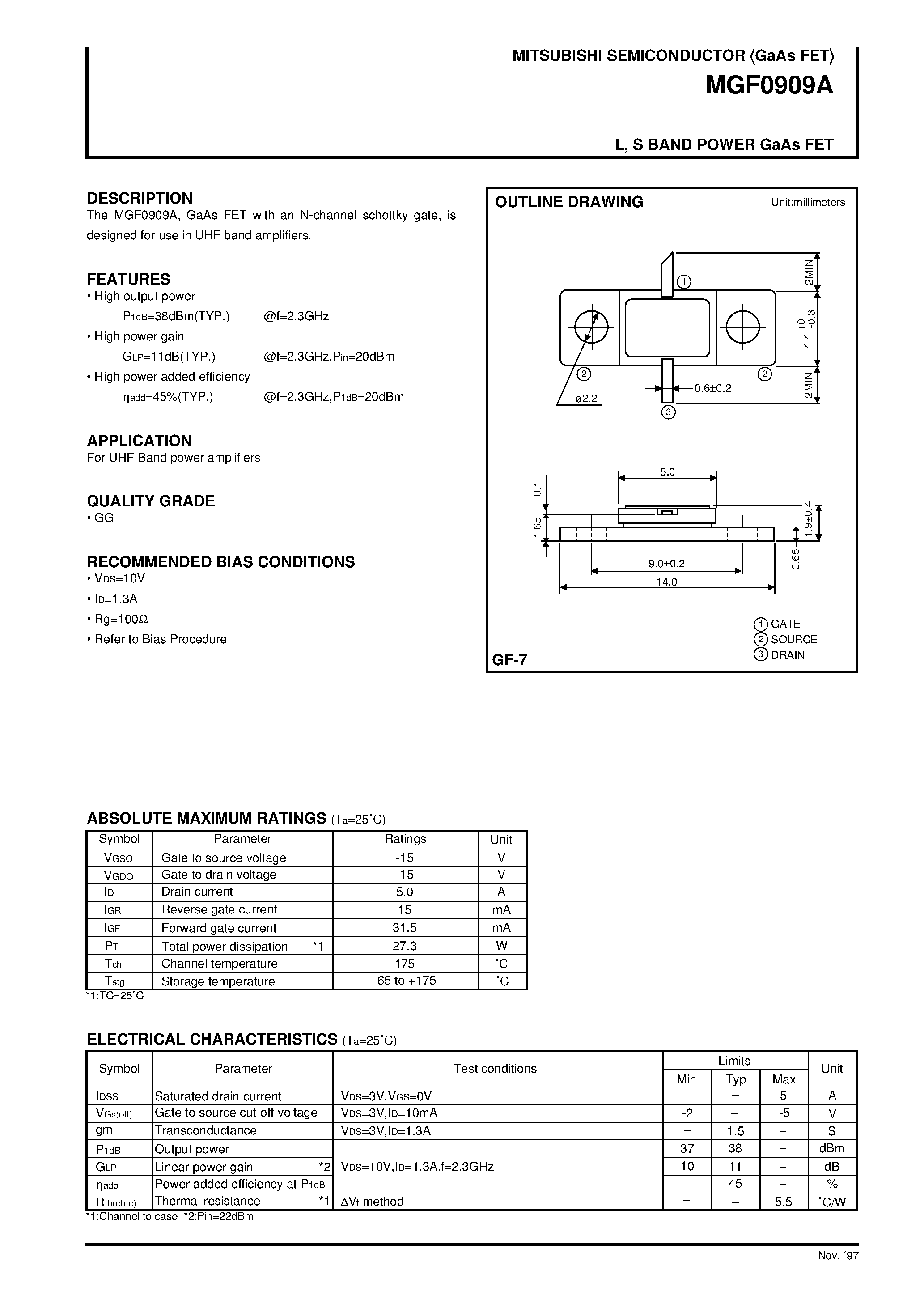 Datasheet MGF0909 page 1 Datasheet MGF0909 - L /S BAND POWER GaAs FET page 1