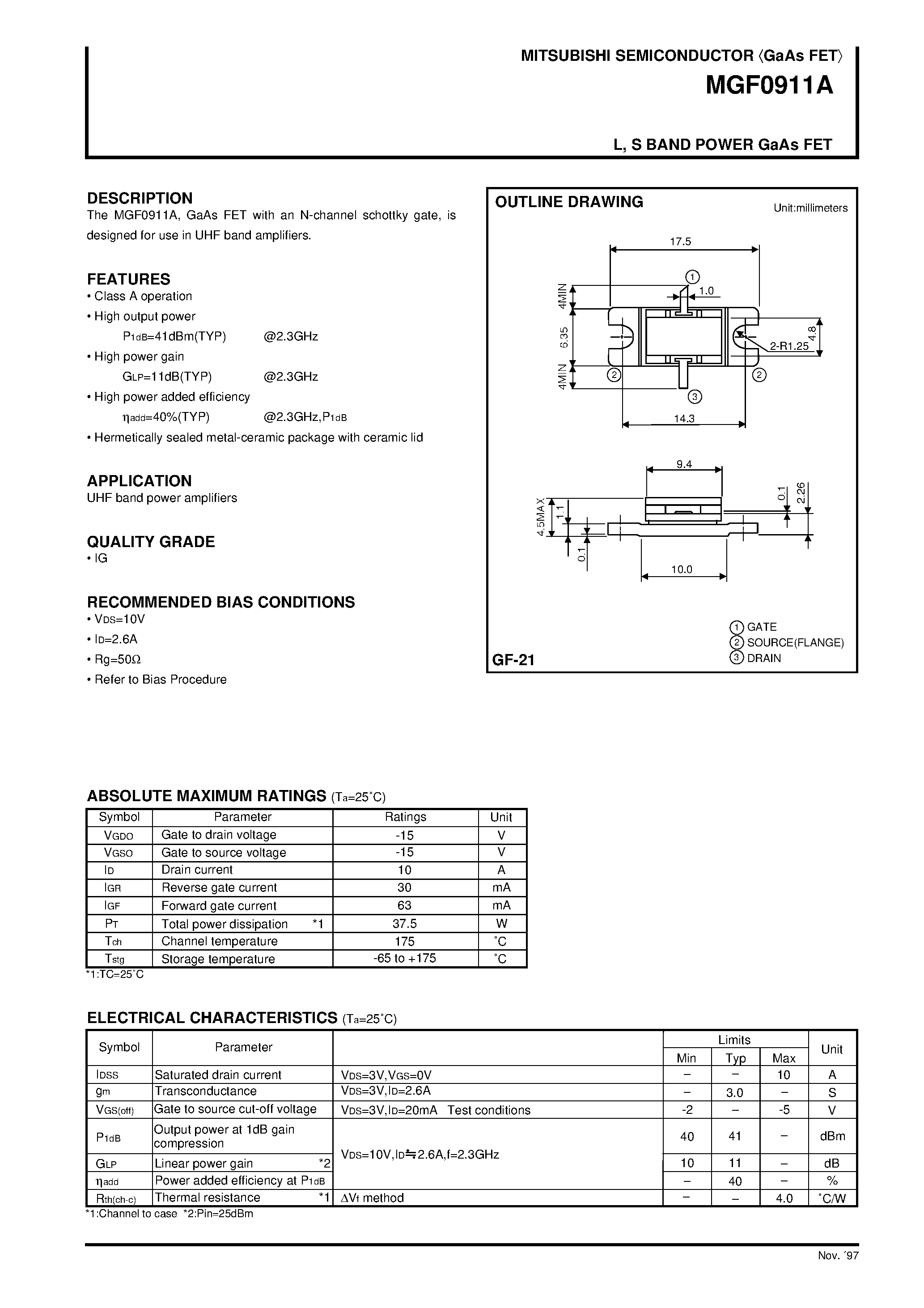Datasheet MGF0911A - L / S BAND POWER GaAs FET page 1