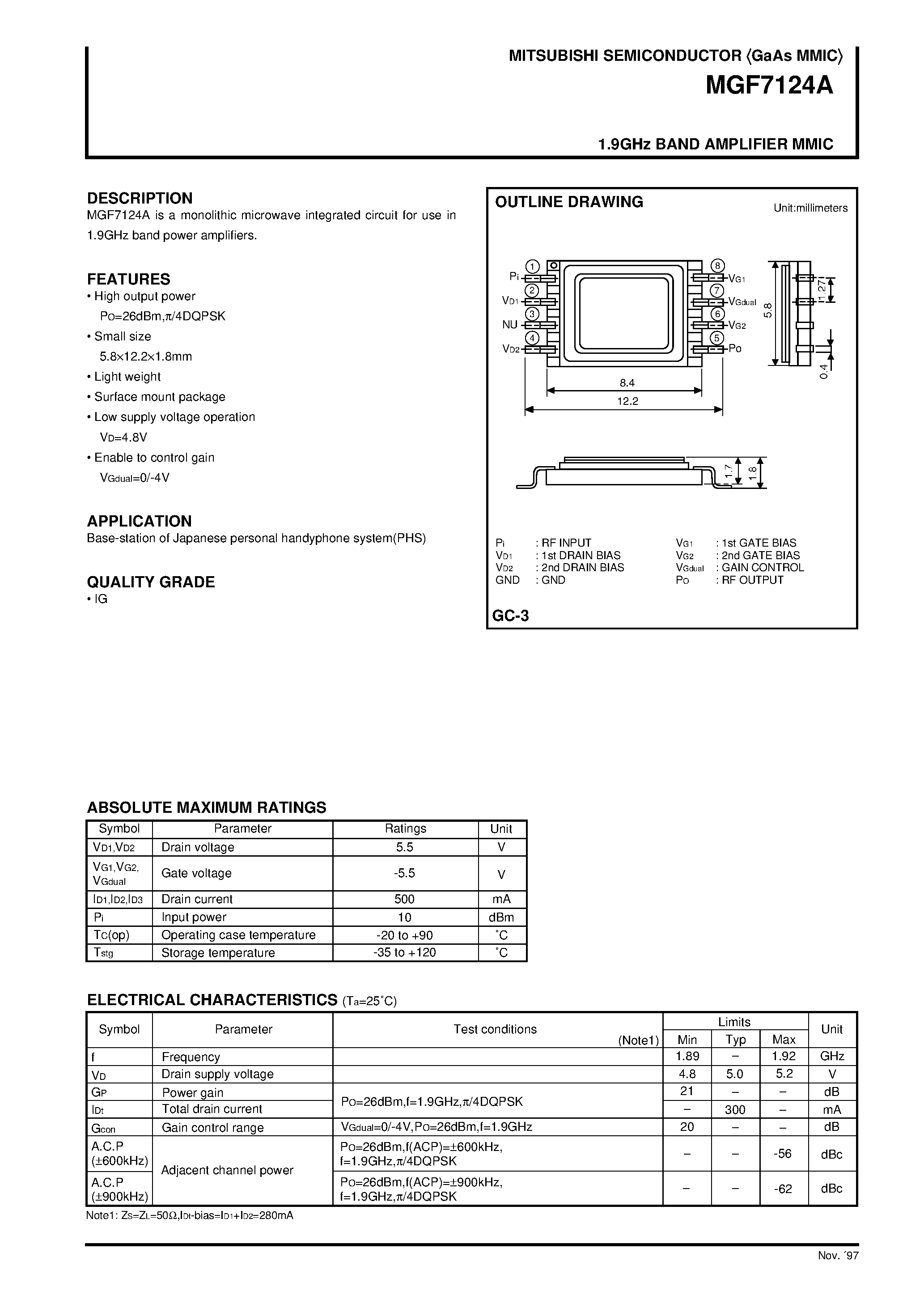 Datasheet MGF7124A - 1.9GHz BAND AMPLIFIER MMIC page 1