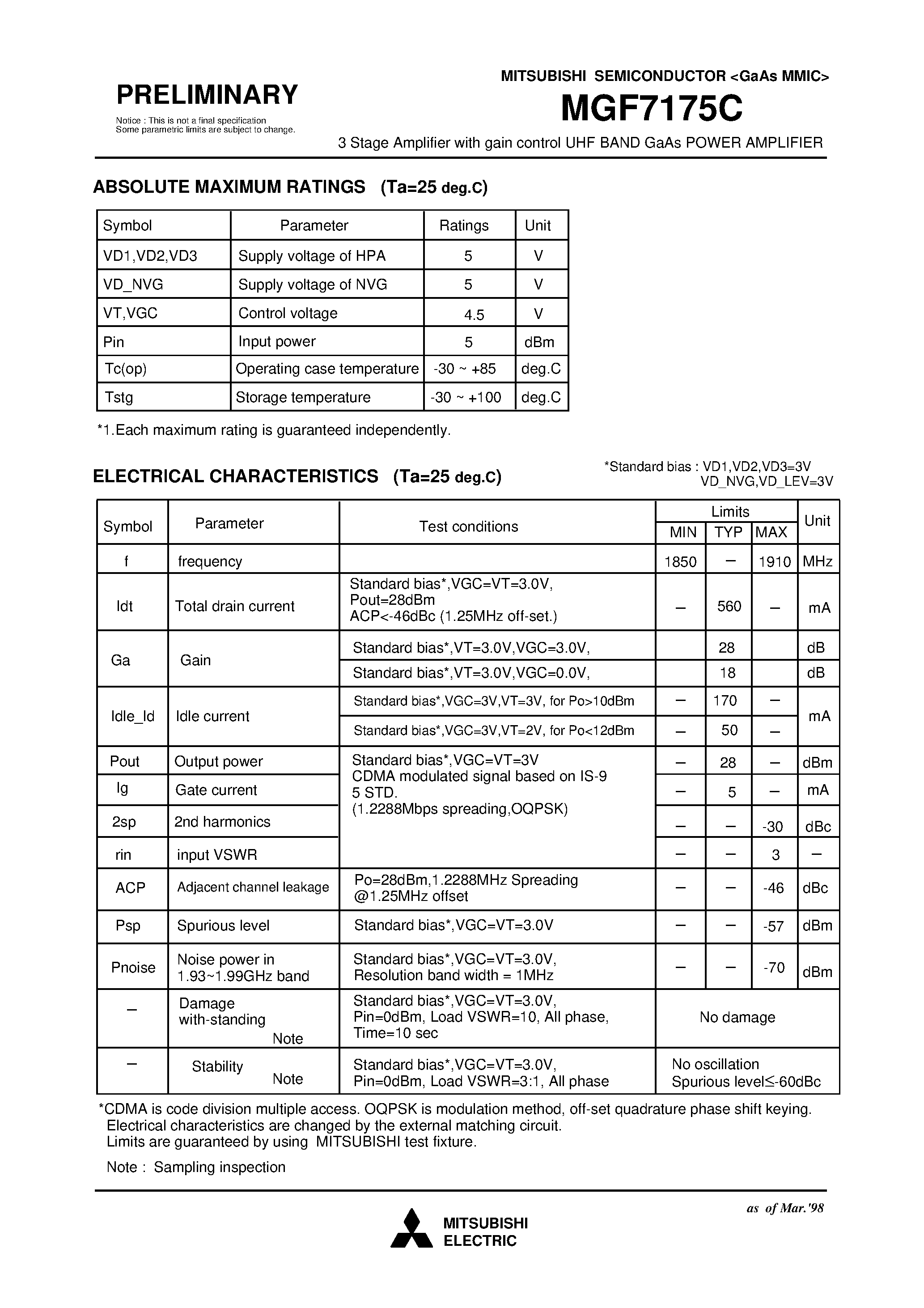 Datasheet MGF7175C - 3 Stage Amplifier with gain control UHF BAND GaAs POWER AMPLIFIER page 2