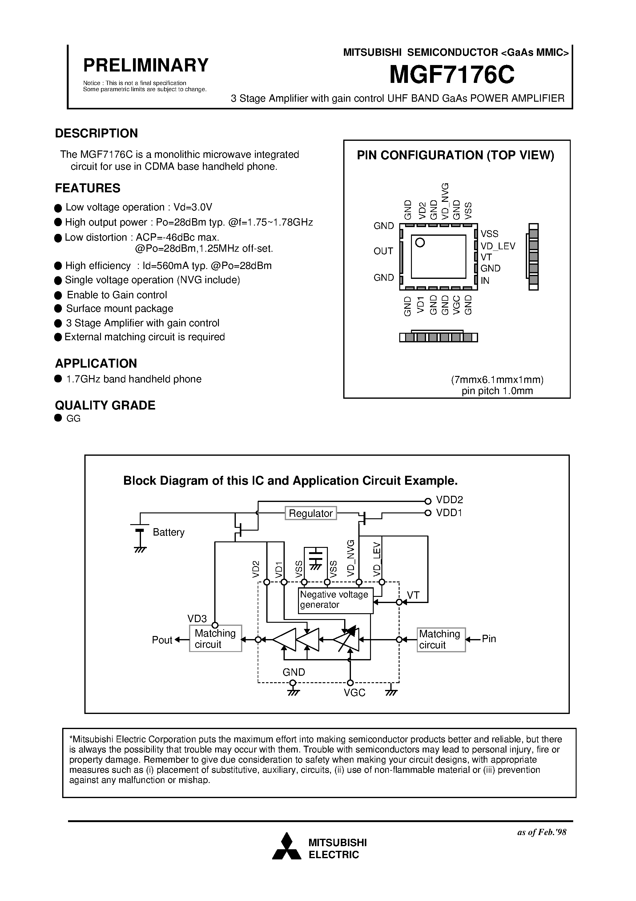 Datasheet MGF7176C - 3 Stage Amplifier with gain control UHF BAND GaAs POWER AMPLIFIER page 1