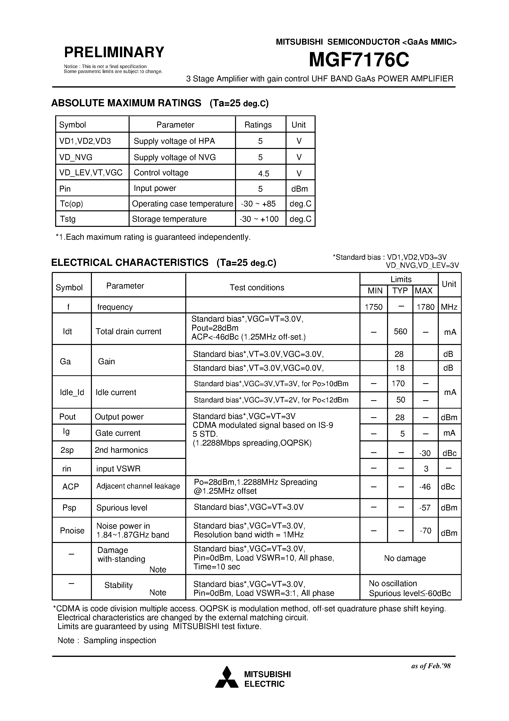 Datasheet MGF7176C - 3 Stage Amplifier with gain control UHF BAND GaAs POWER AMPLIFIER page 2