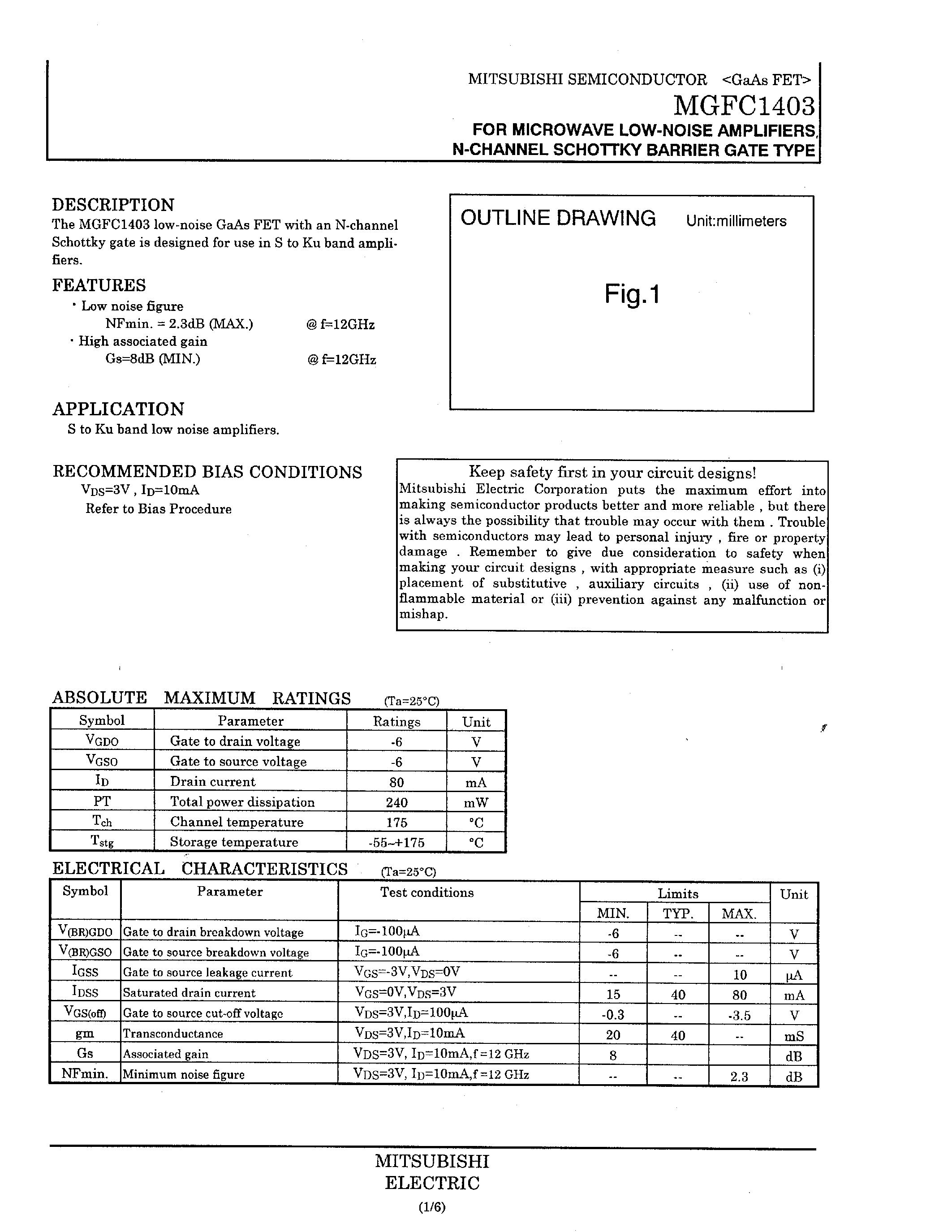 Datasheet MGFC1403 - FOR MICROWAVE LOW-NOISE AMPLIFIERS /N-CHANNEL SCHOTTKY BARRIER GATE TYPE page 1