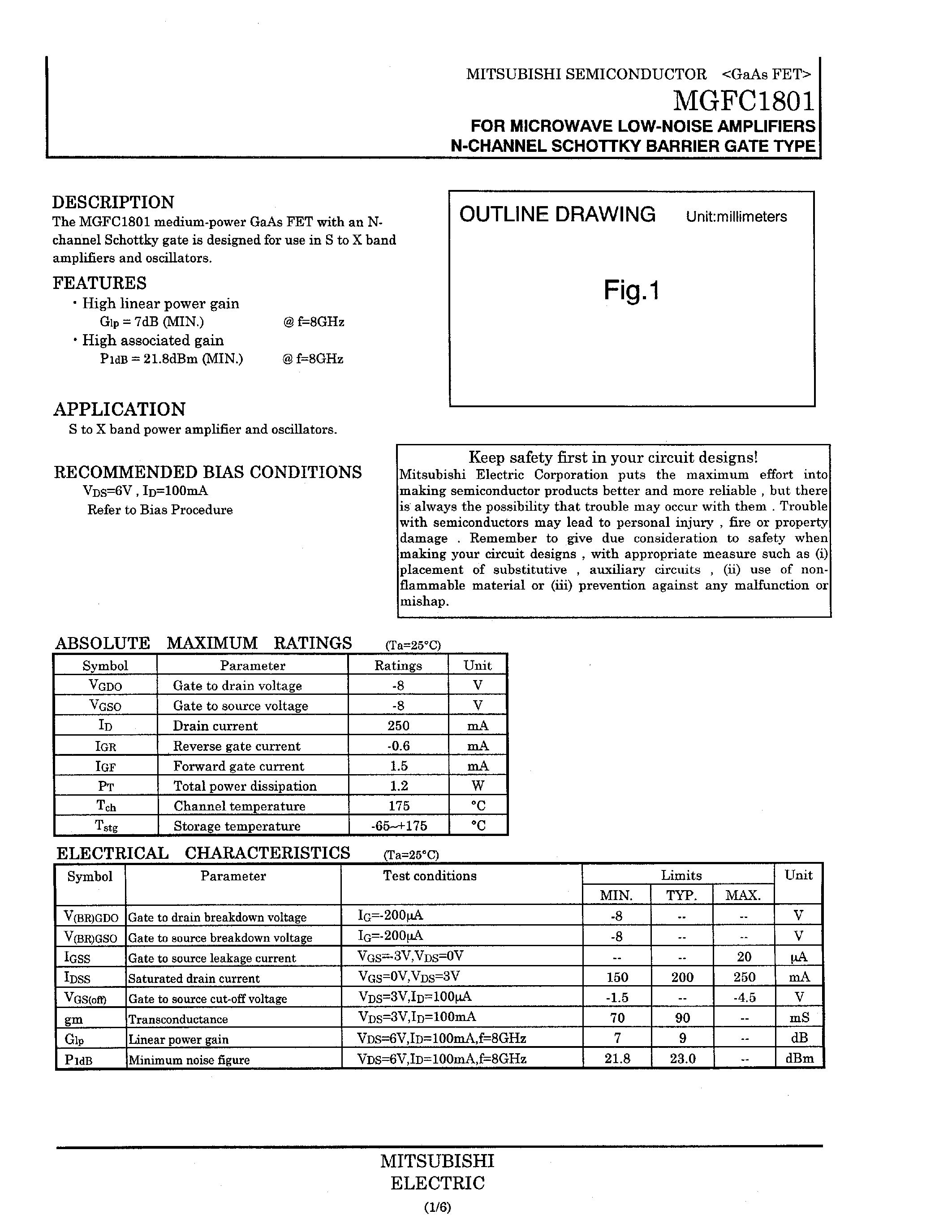 Datasheet MGFC1801 - FOR MICROWAVE LOW-NOISE AMPLIFIERS /N-CHANNEL SCHOTTKY BARRIER GATE TYPE page 1