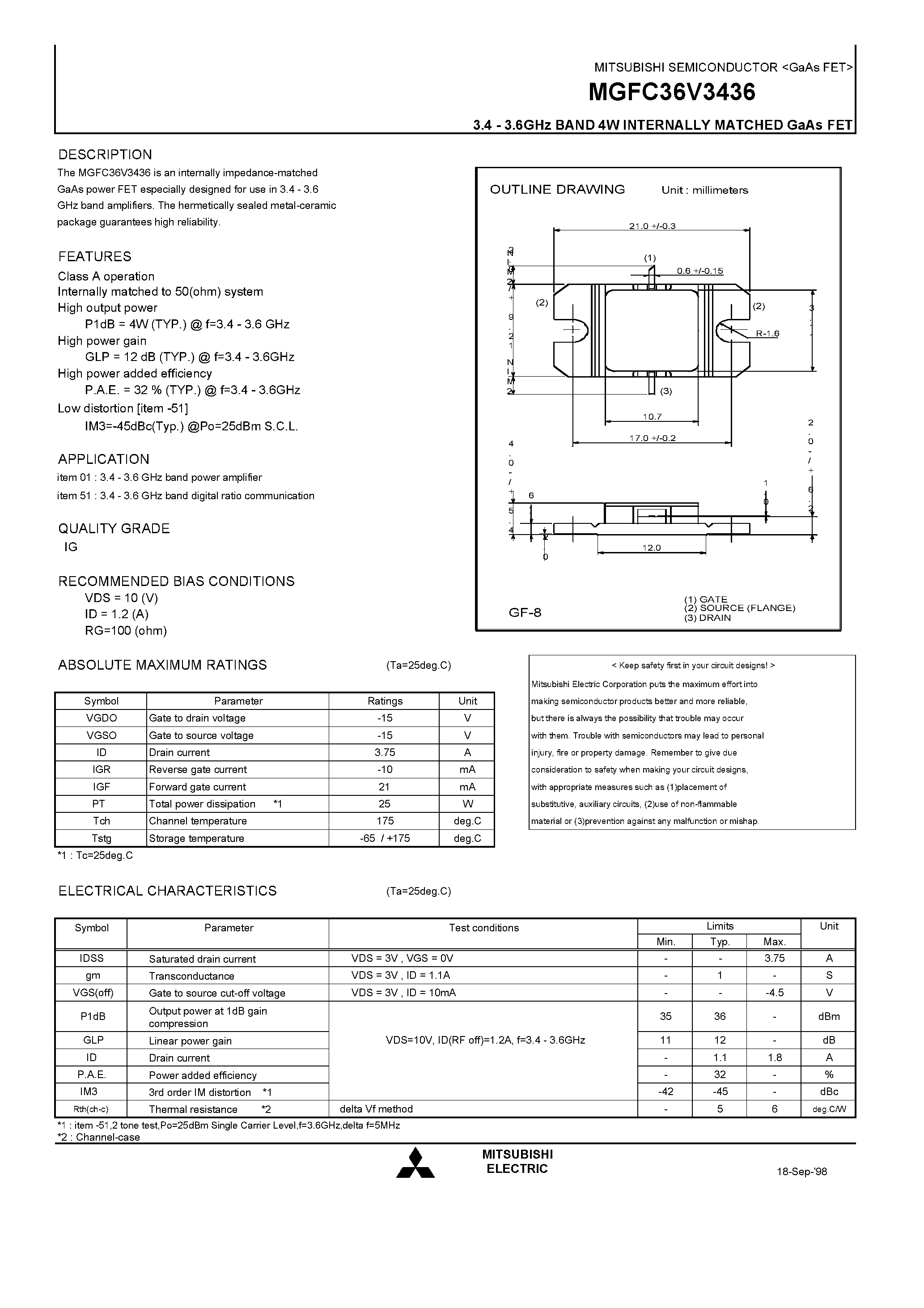 Datasheet MGFC36V3436 - 3.4 - 3.6GHz BAND 4W INTERNALLY MATCHED GaAs FET page 1