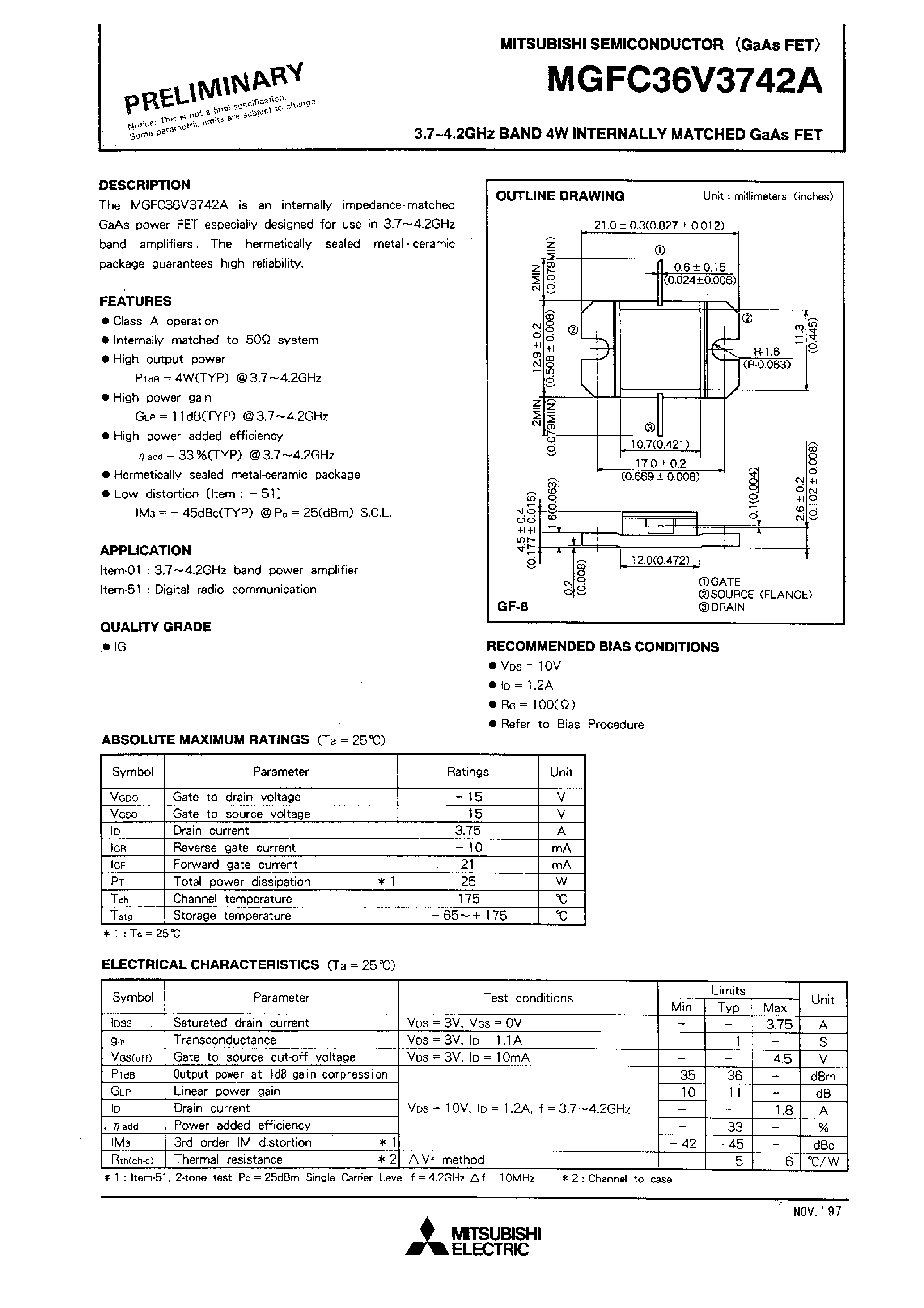 Даташит на микросхему MGFC36V3742A страница 1 Даташит MGFC36V3742A - 3.7 - 4.2GHz BAND 4W INTERNALLY MATCHED GaAs FET страница 1