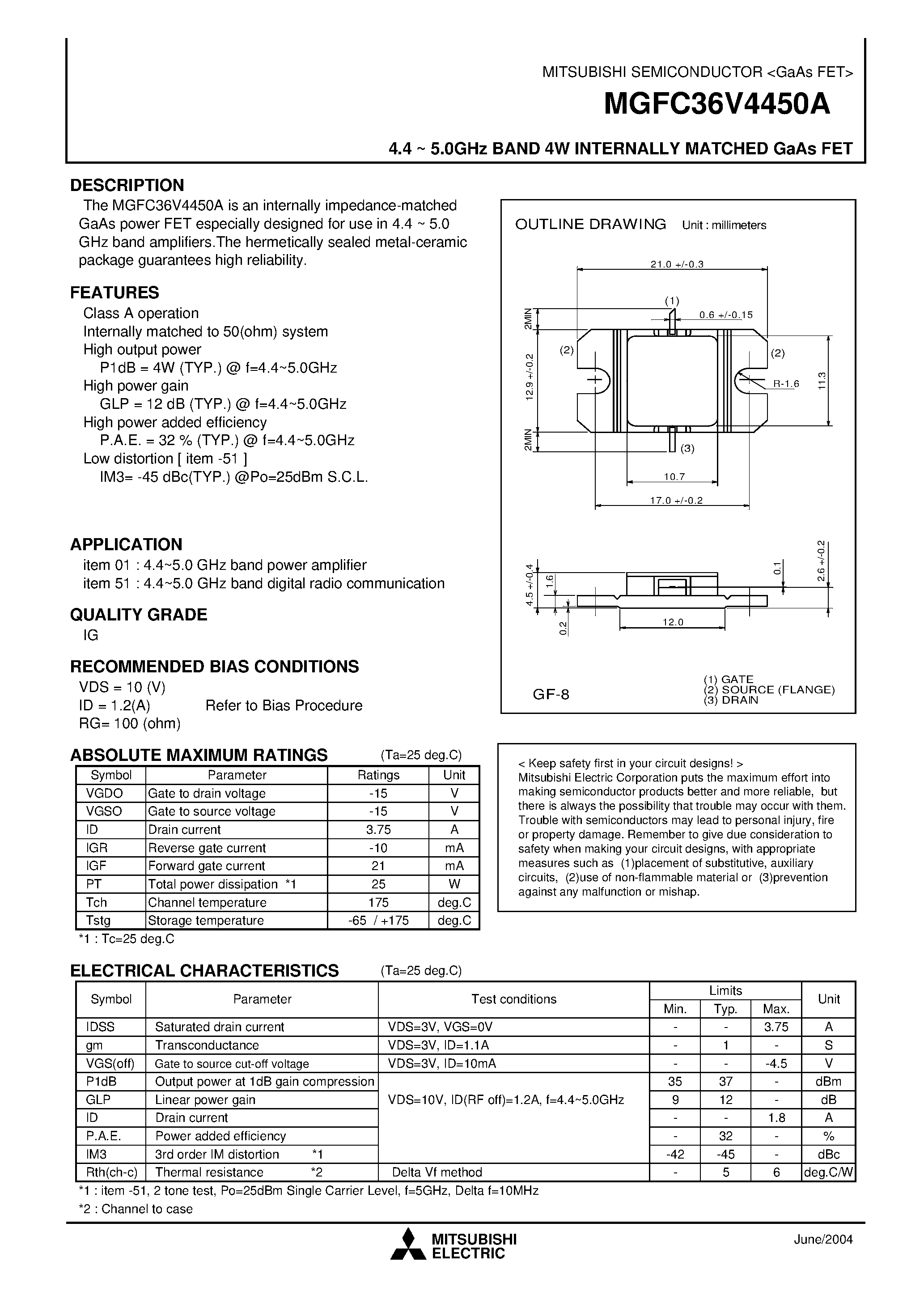 Datasheet MGFC36V4450A - 4.4 ~ 5.0GHz BAND 4W INTERNALLY MATCHED GaAs FET page 1