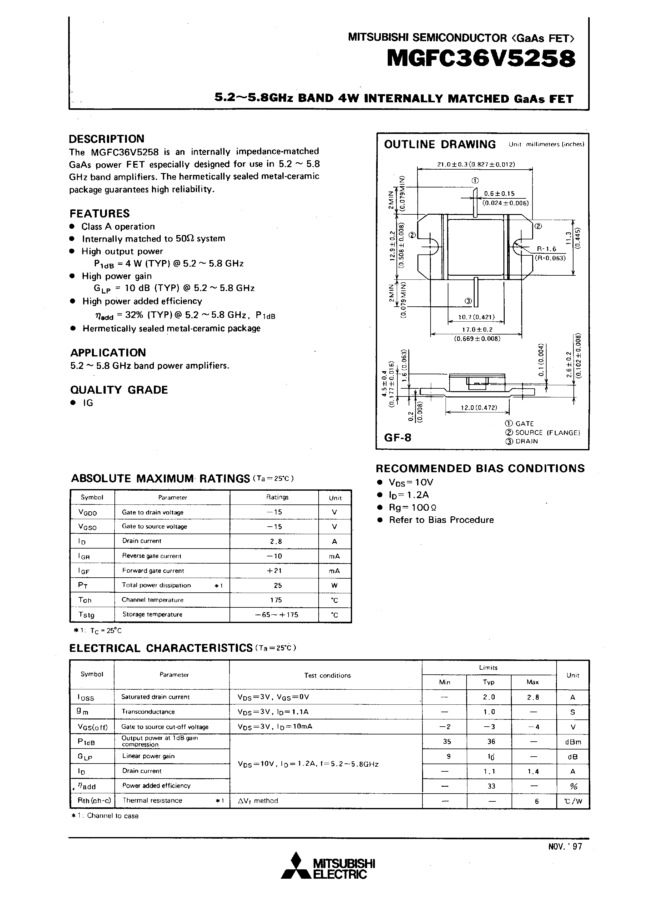 Даташит на микросхему MGFC36V5258 страница 1 Даташит MGFC36V5258 - 5.2 - 5.8GHz BAND 4W INTERNALLY MATCHED GaAs FET страница 1