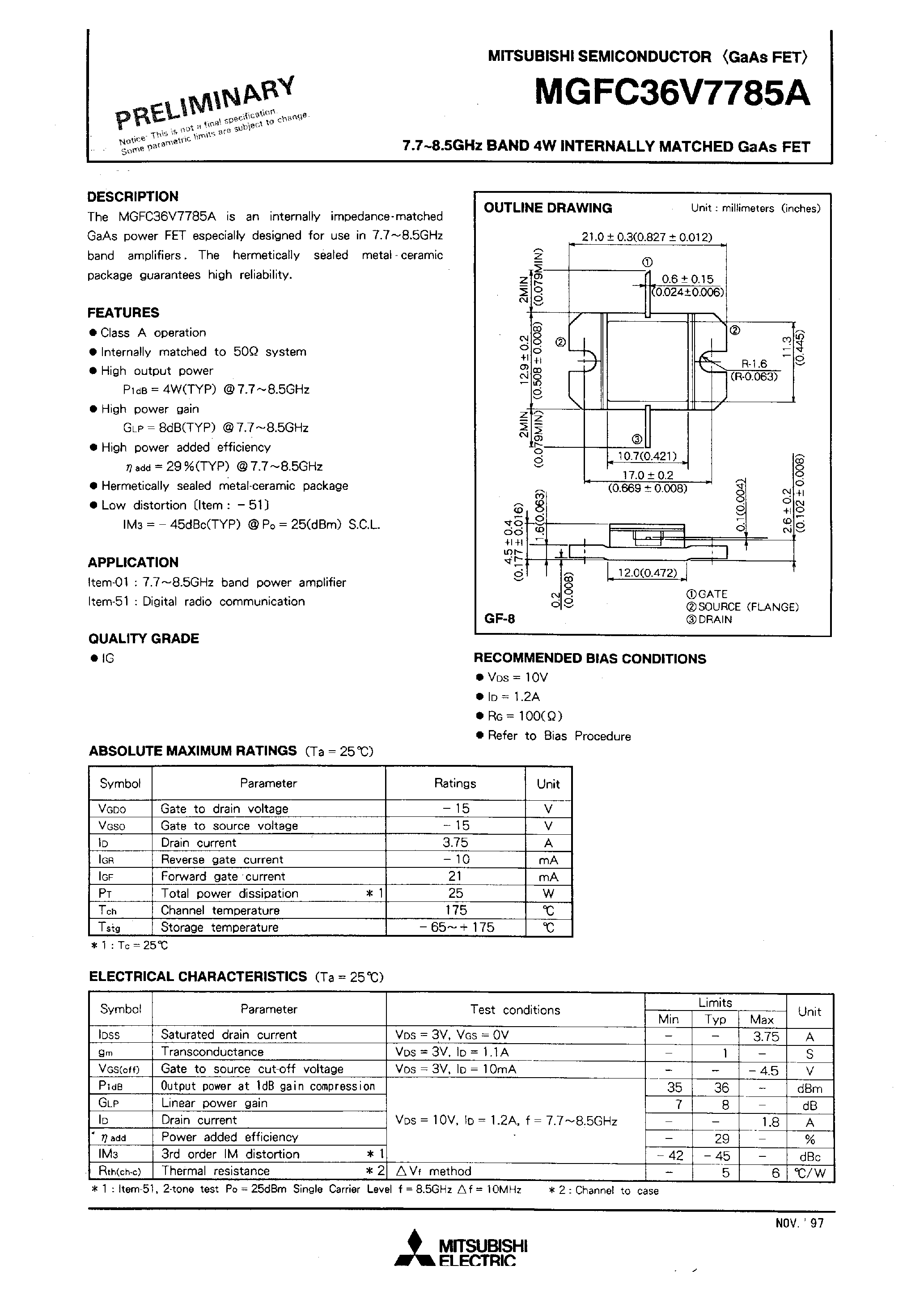 Datasheet MGFC36V7785A - 7.7 - 8.5GHz BAND 4W INTERNALLY MATCHED GaAs FET page 1