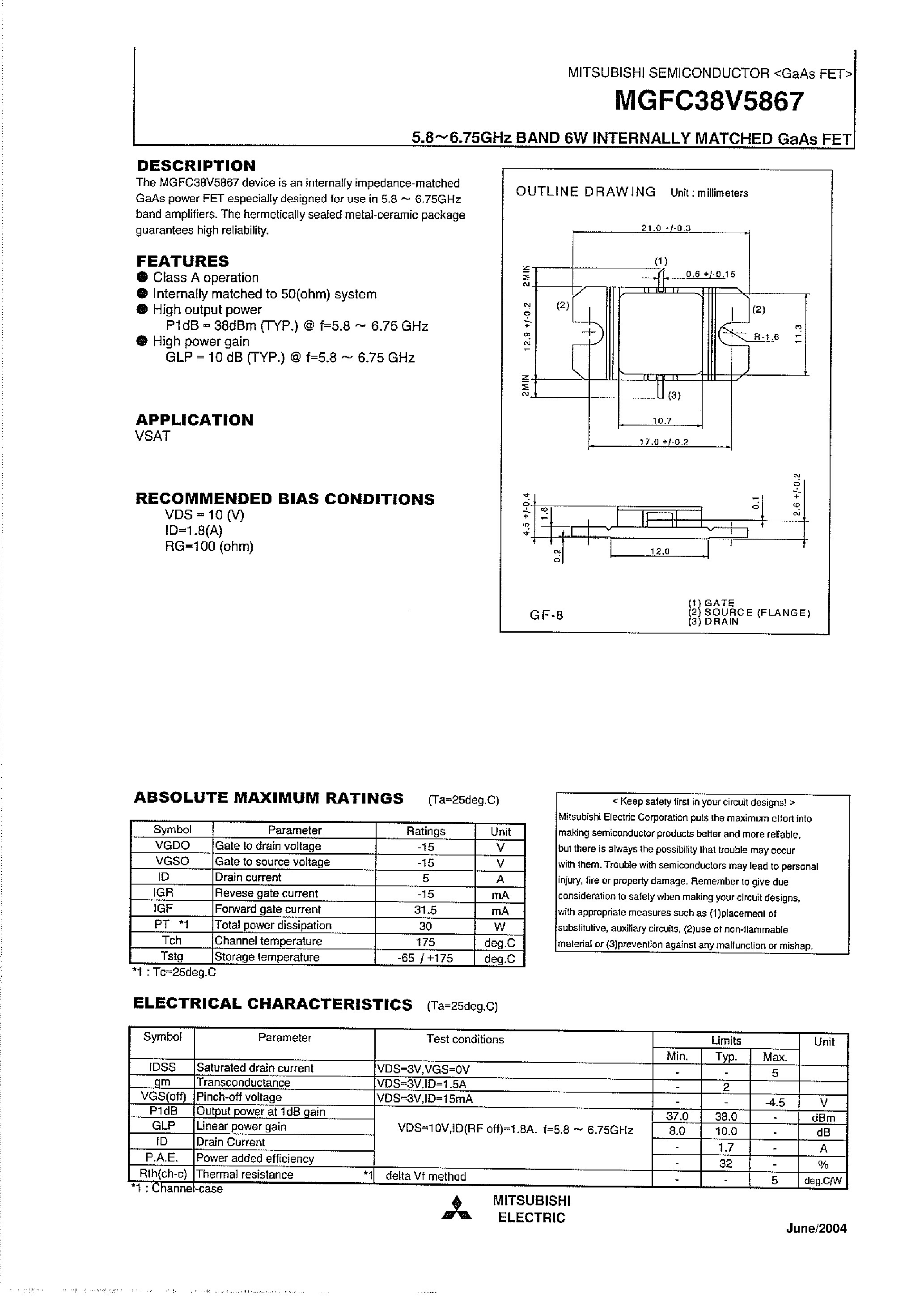 Datasheet MGFC38V5867 - 5.8~6.75 GHZ BAND 6W INTERNALLY MATCHED GAASFET page 1