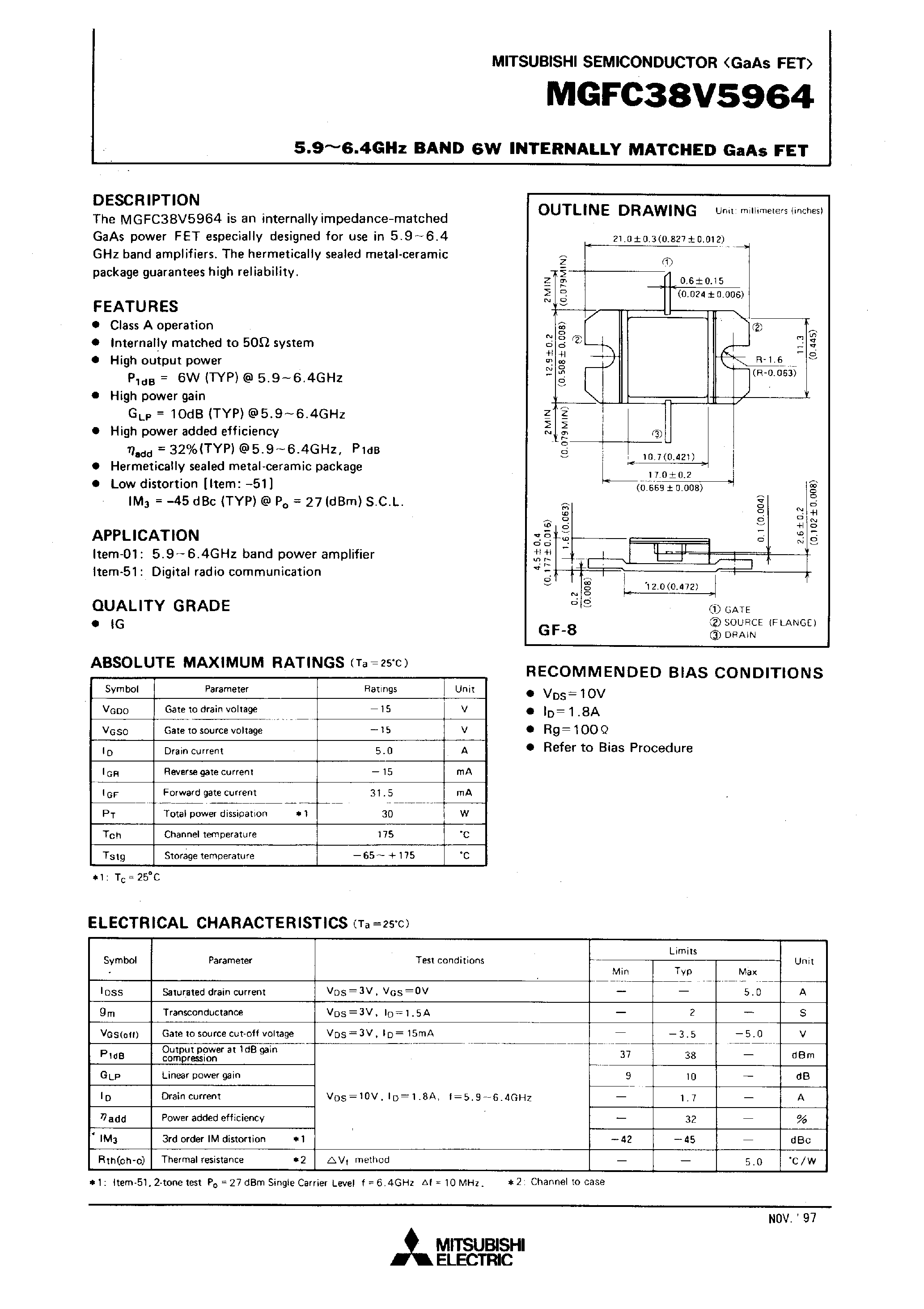 Datasheet MGFC38V5964 - 5.9 - 6.4GHz BAND 6W INTERNALLY MATCHED GaAs FET page 1